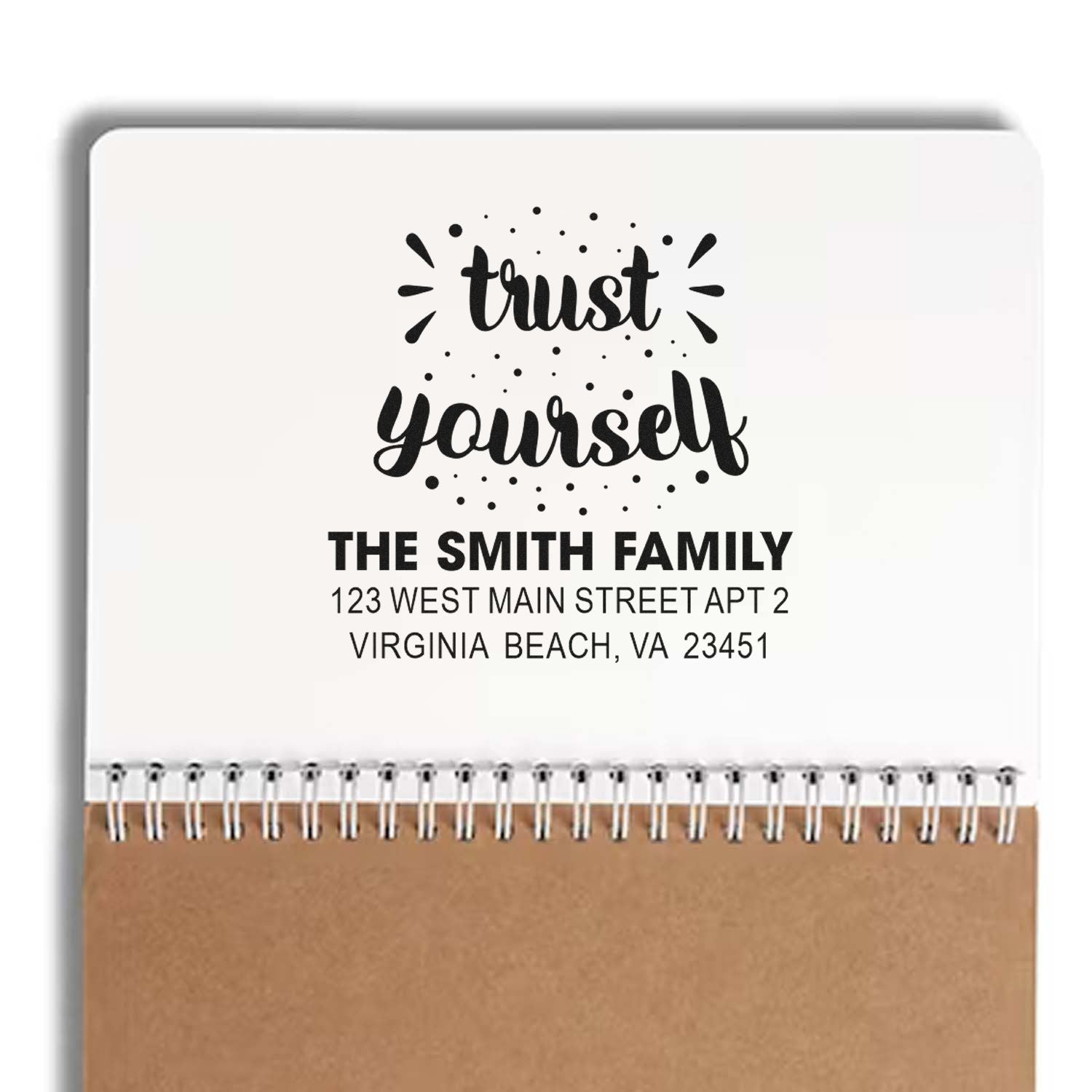 Custom rubber stamp design with trust yourself and The Smith Family address, ideal for personalized mailing and packaging.