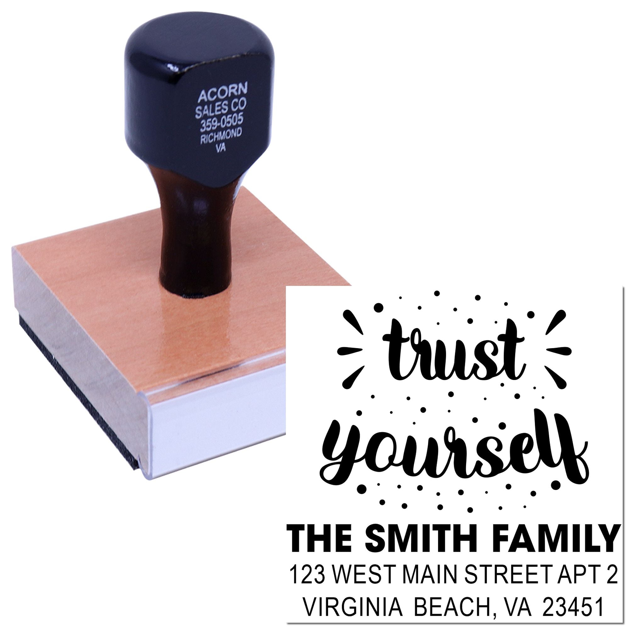 Personalized custom address rubber stamp with trust yourself design and The Smith Family return mailing address.