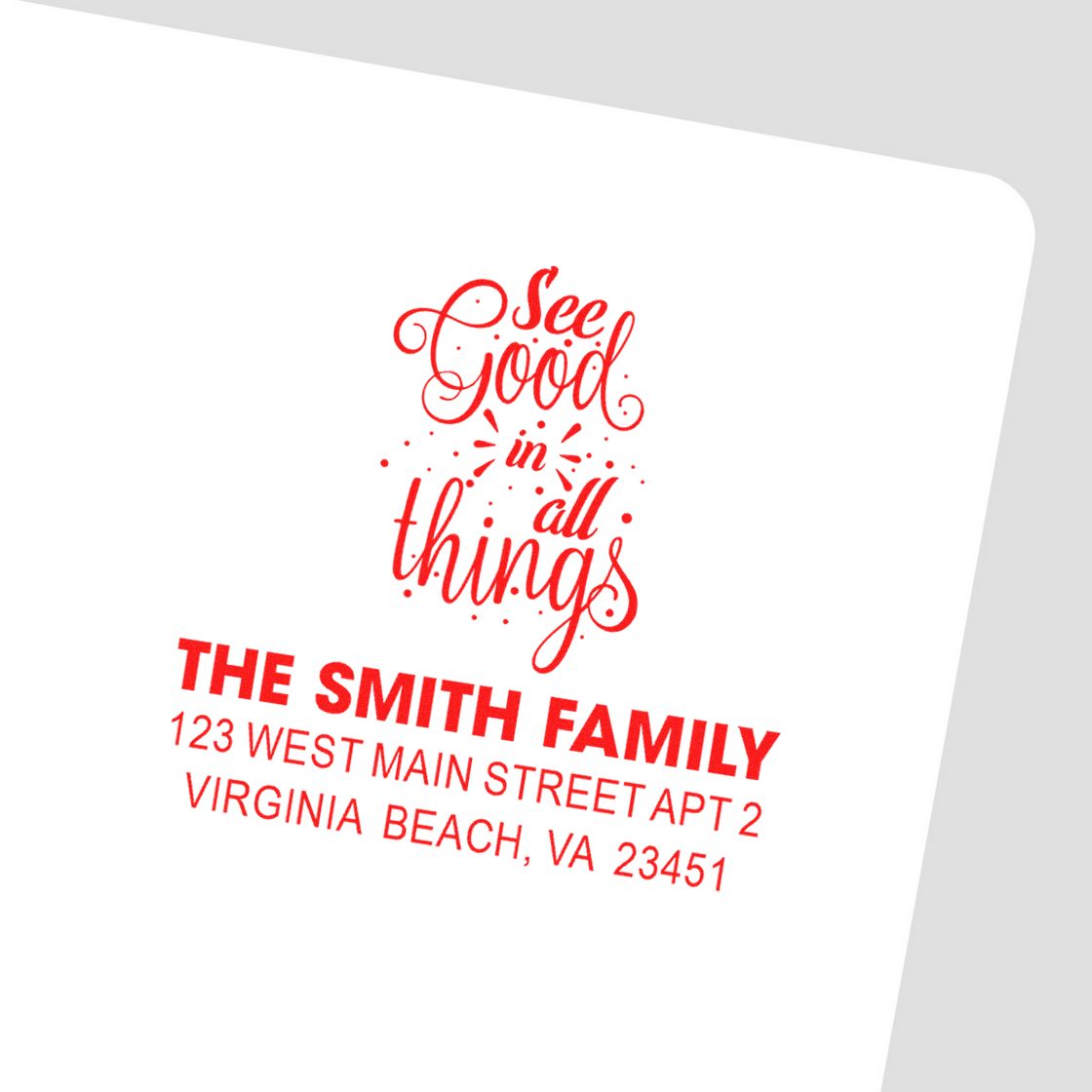 Custom family return address rubber stamp with See Good in All Things design and Virginia Beach, VA address.