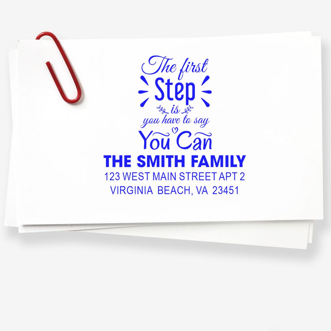 Custom return address rubber stamp with inspirational quote for Smith family envelopes