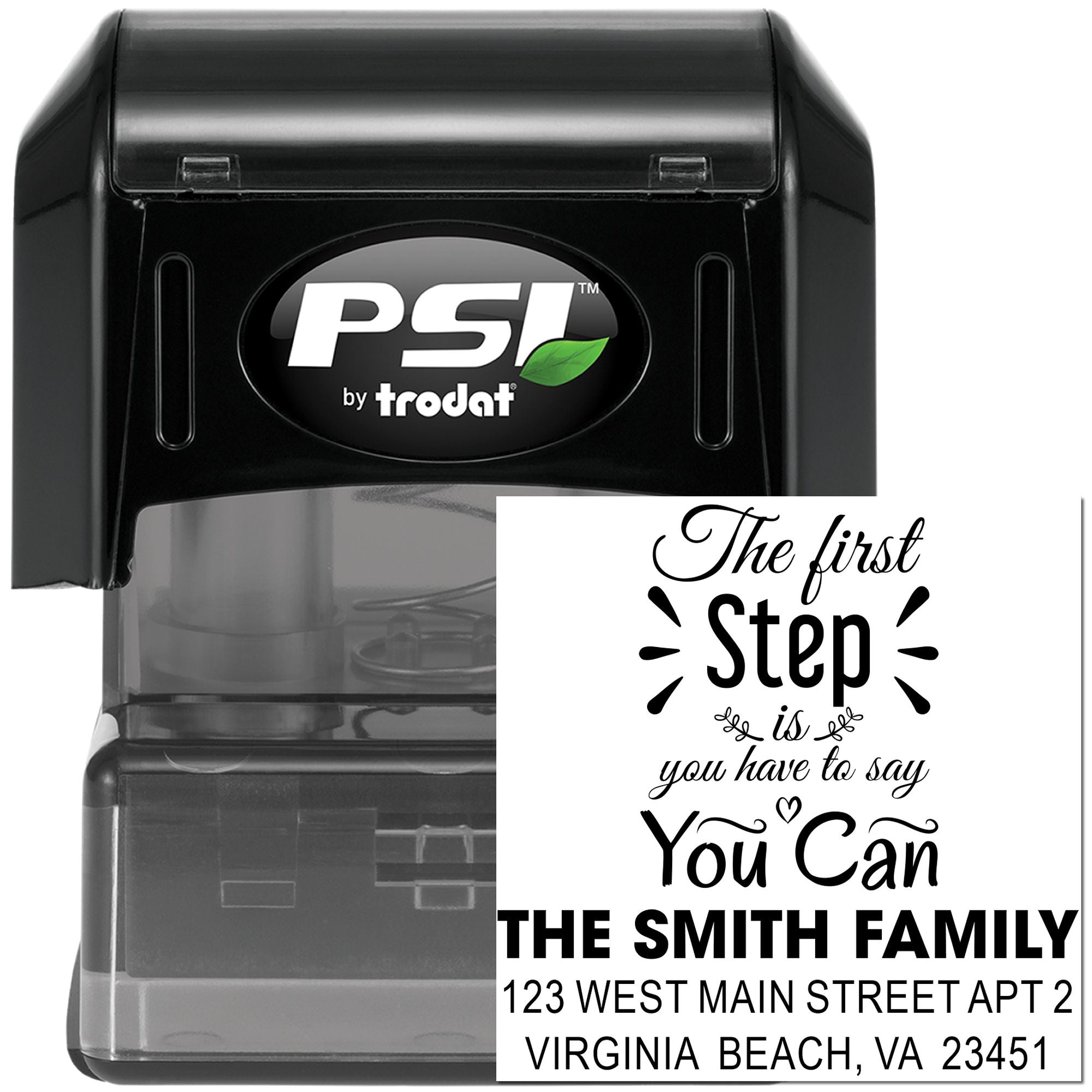 Personalized self-inking rubber stamp with custom return address and inspirational quote for The Smith Family.