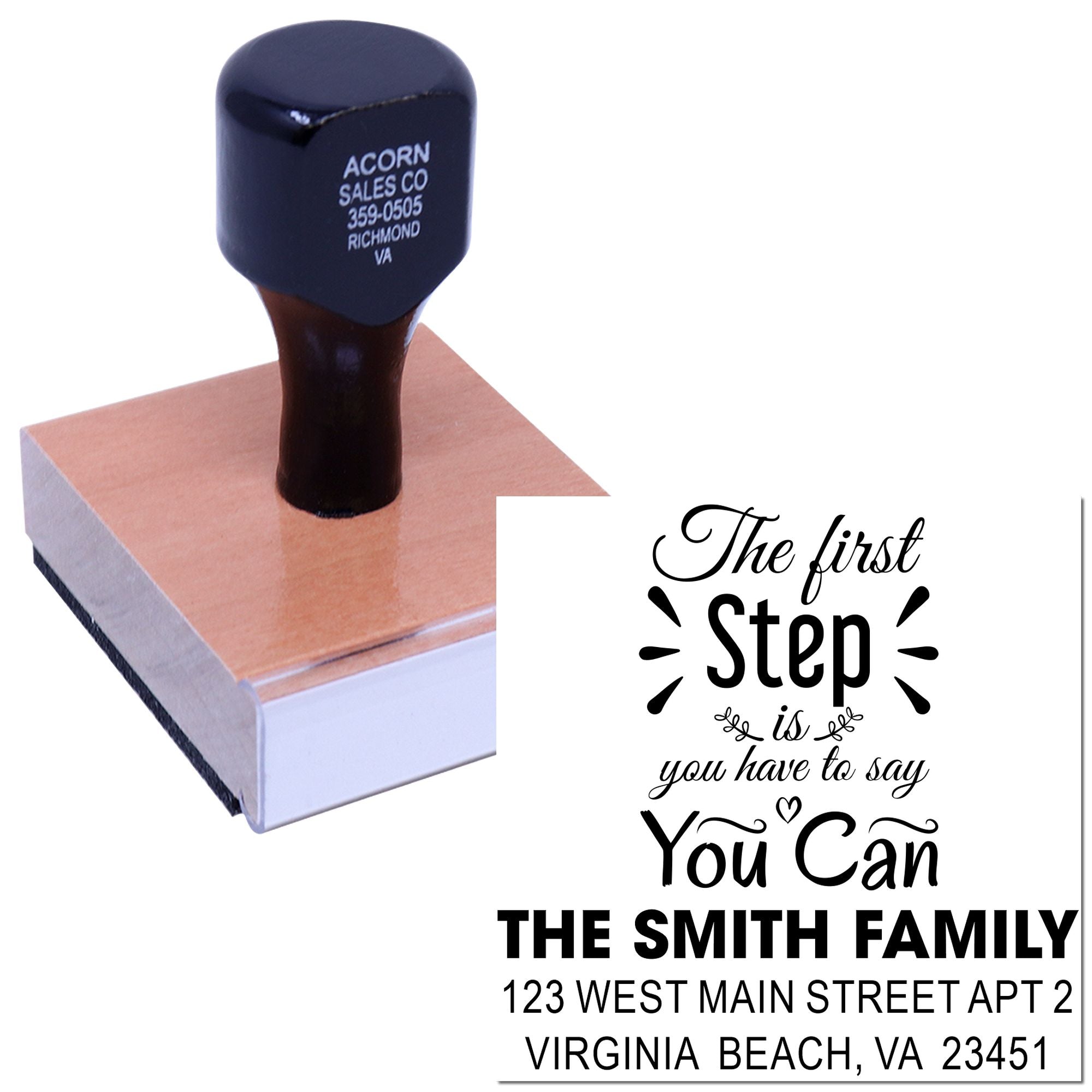 Personalized rubber stamp with family address design and motivational quote, shown with clear imprint for custom mailing.