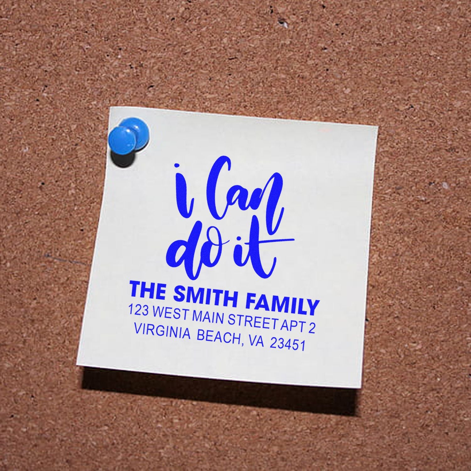 Custom return address rubber stamp mockup with I Can Do It design for the Smith family mailing envelopes.