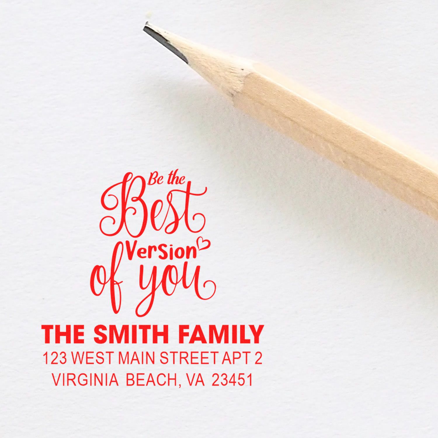 Custom return address rubber stamp with Be the Best Version of You design for The Smith Family, Virginia Beach.