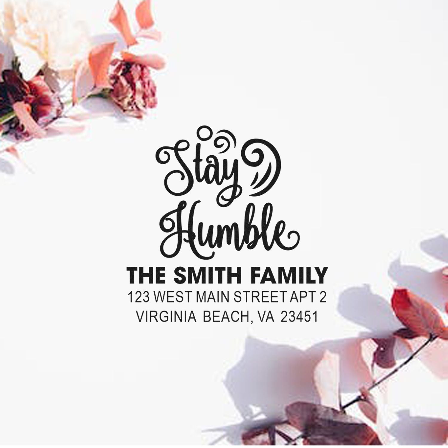 Personalized rubber address stamp with Stay Humble design, Smith family name, and Virginia Beach return address.