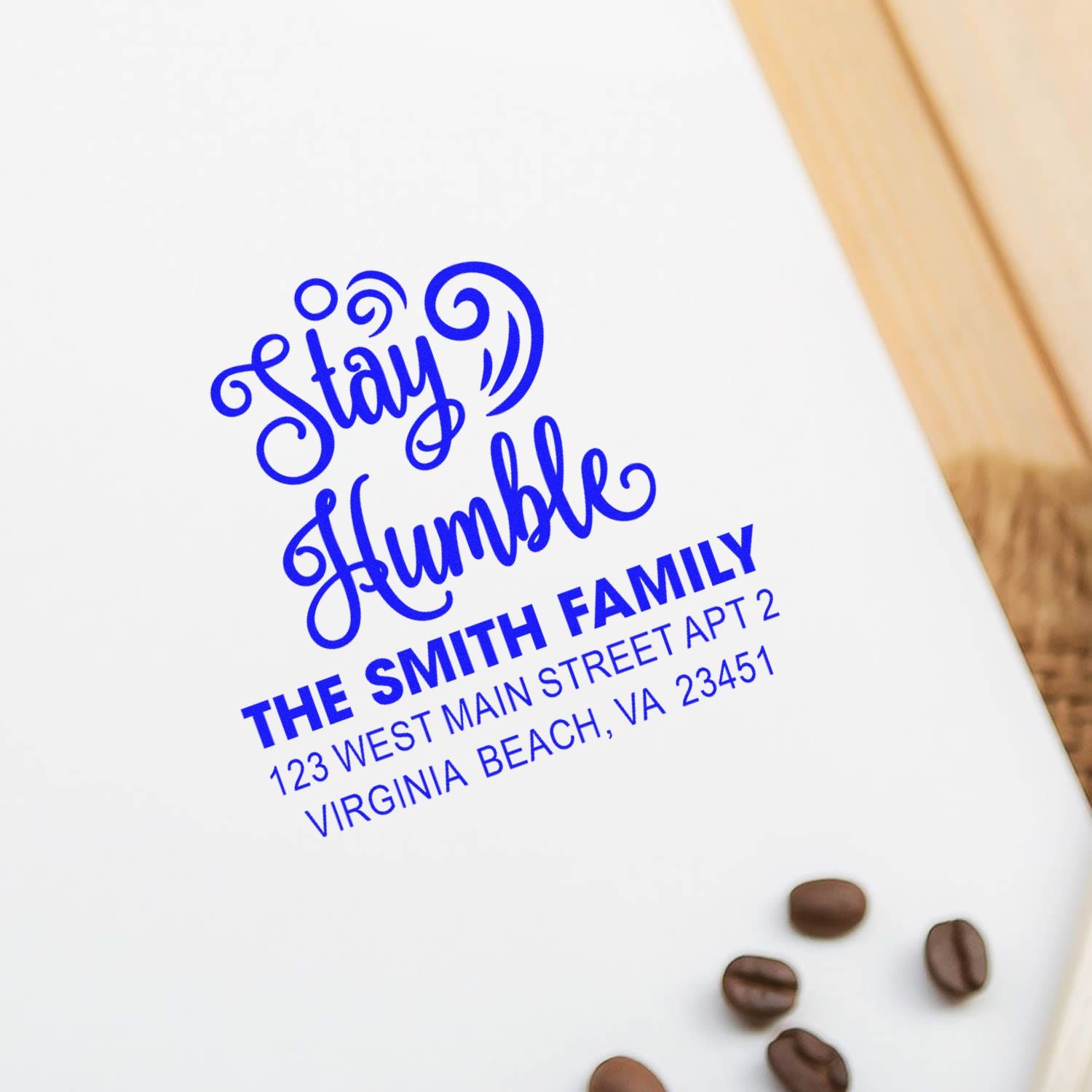 Custom rubber address stamp with Stay Humble design, Smith family return address for personalized stationery and mail.