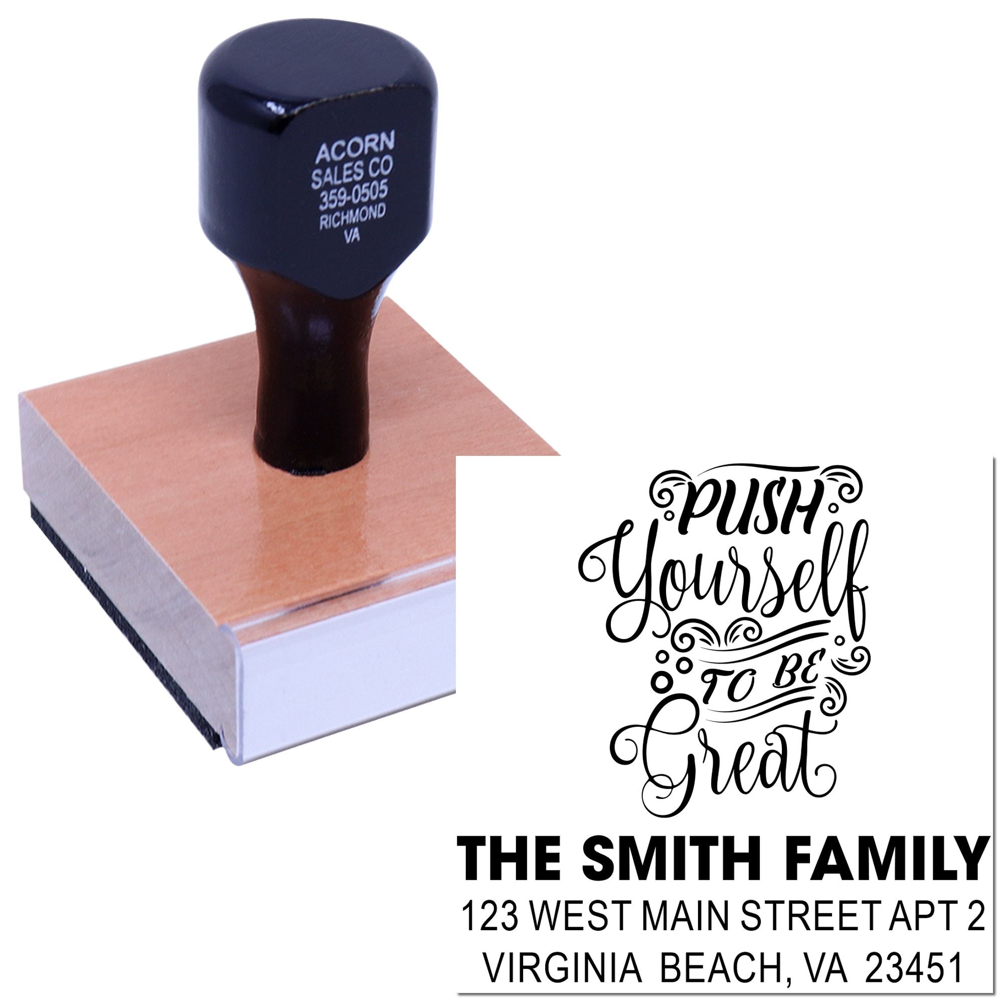 Custom rubber stamp with Push Yourself to Great design and personalized family address stamp for envelopes.