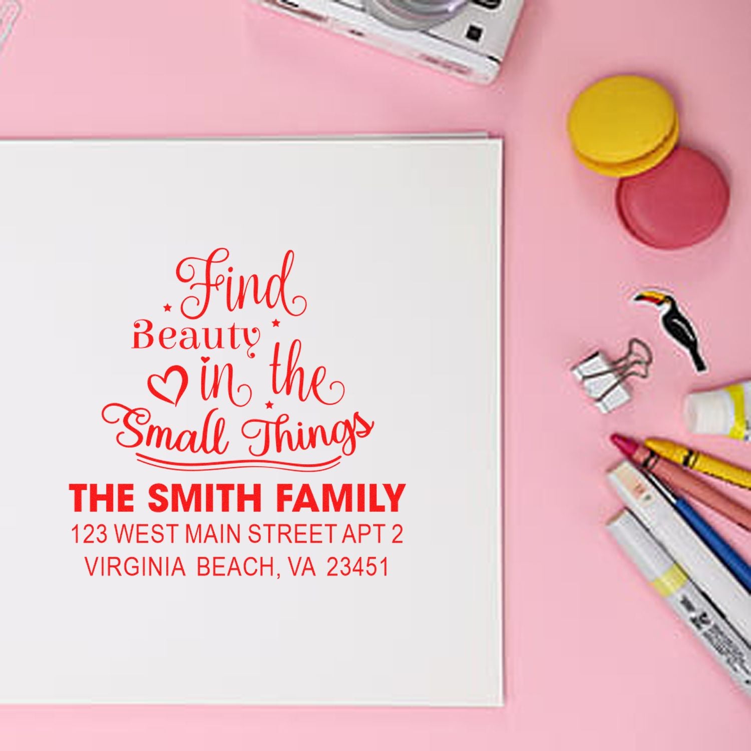 Personalized family return address rubber stamp with Find beauty in the small things design for custom envelopes.