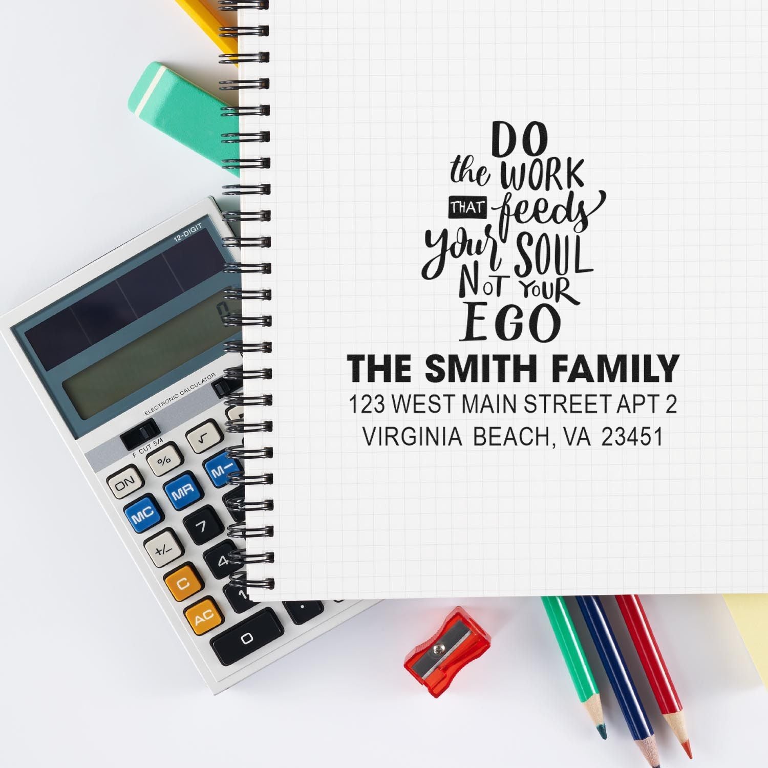 Personalized family address rubber stamp design with inspirational quote for custom stationery and mailing.