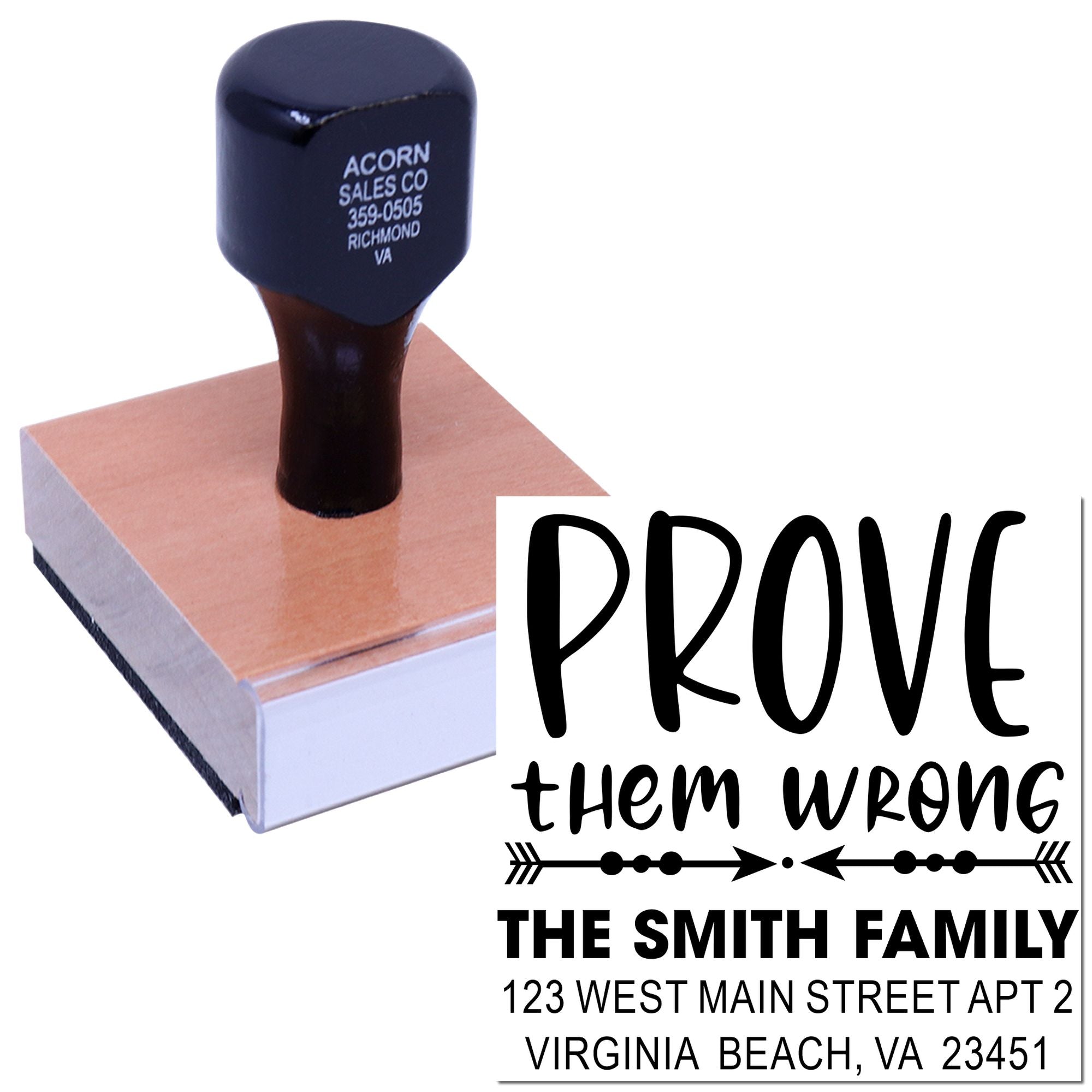 Custom family return address rubber stamp with Prove Them Wrong design for personalized mailing labels and envelopes.