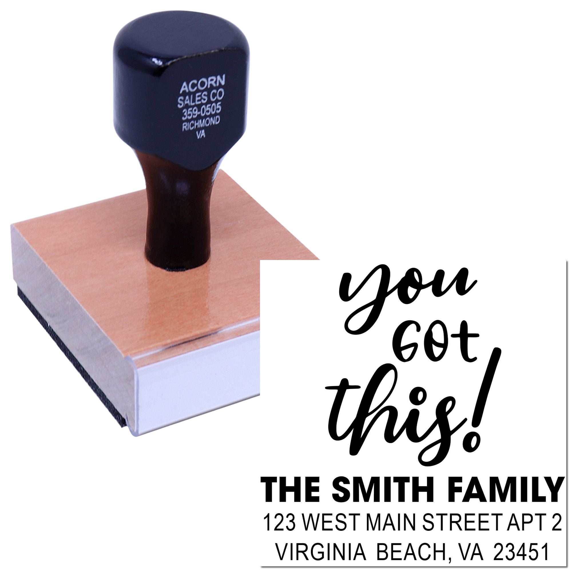 Personalized rubber address stamp with You Got This! and The Smith Family design for envelopes and stationery.