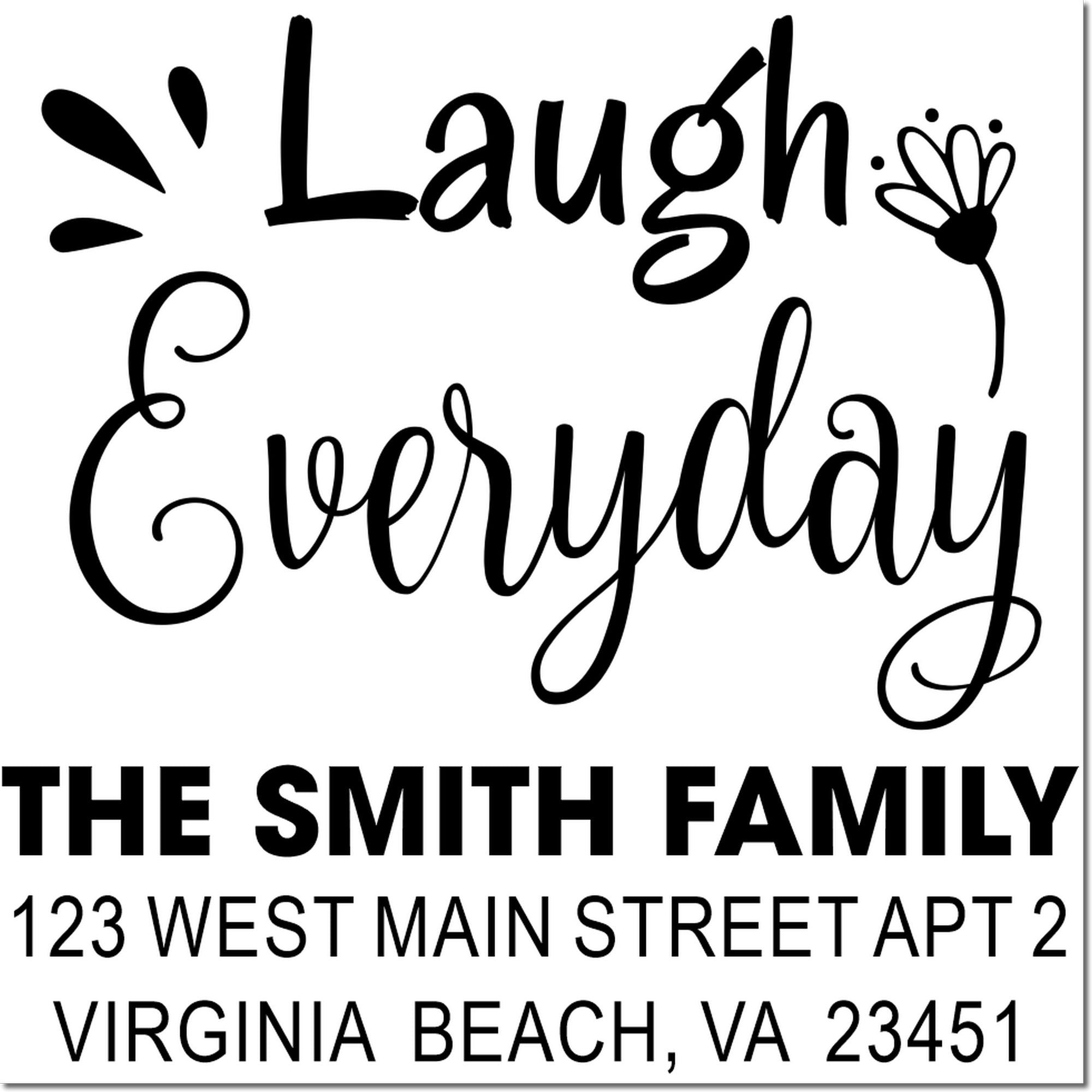Personalized rubber address stamp for The Smith Family with Laugh Everyday and Virginia Beach, VA return address