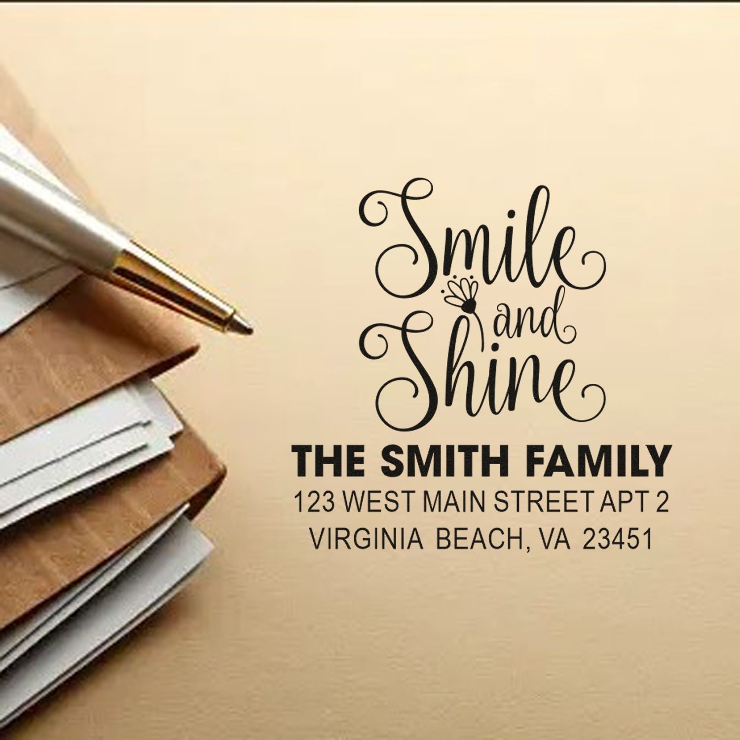 Custom return address rubber stamp with Smile and Shine design for The Smith Family, Virginia Beach, VA.