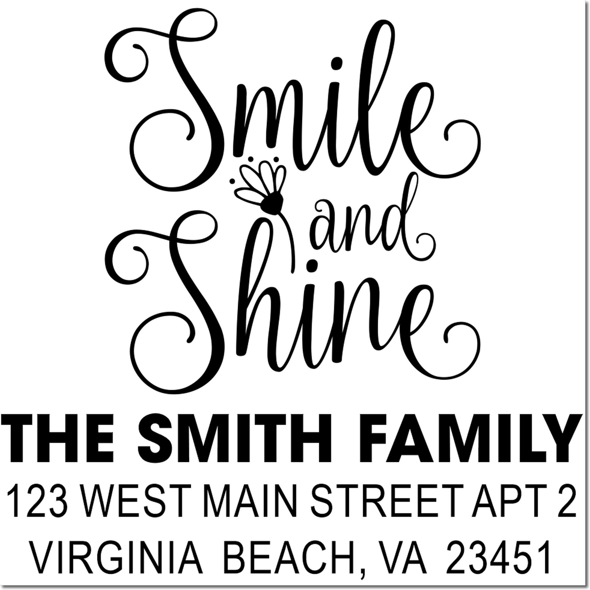 Personalized Smith family address rubber stamp with Smile and Shine design and Virginia Beach, VA return address.