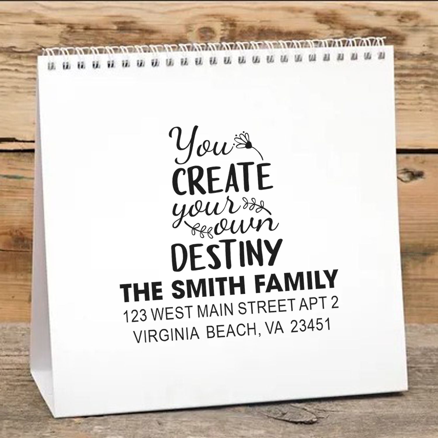 Custom rubber stamp for gift bags with You create your own destiny and personalized family name and address.