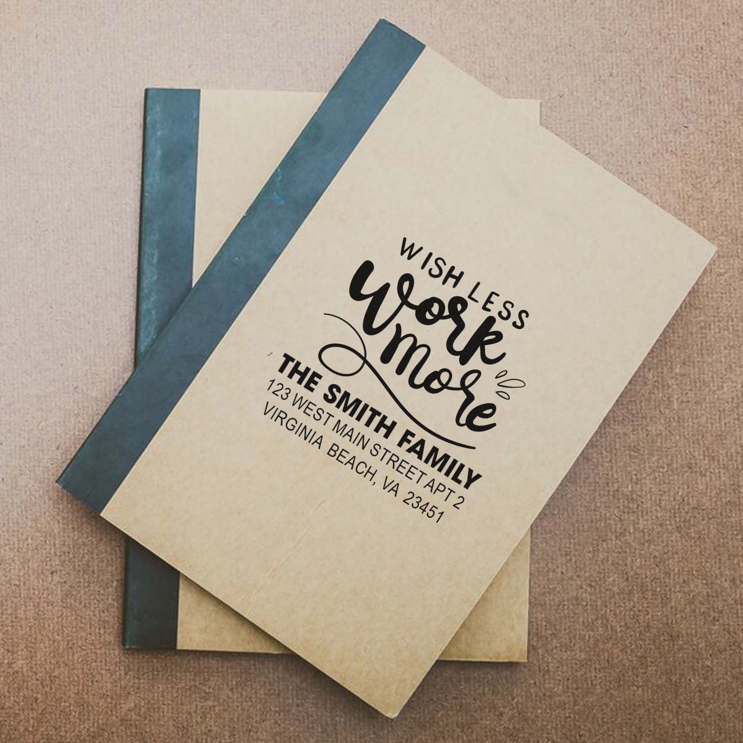 Custom return address rubber stamp for The Smith Family, featuring a personalized quote and Virginia Beach, VA address.