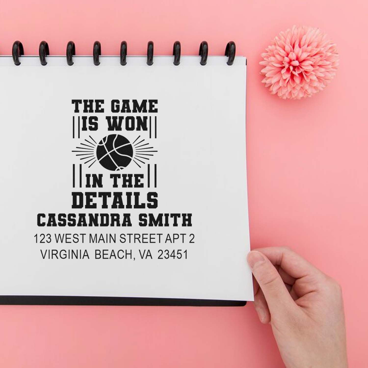 Custom basketball rubber stamp with name, address, and The Game Is Won in the Details design.