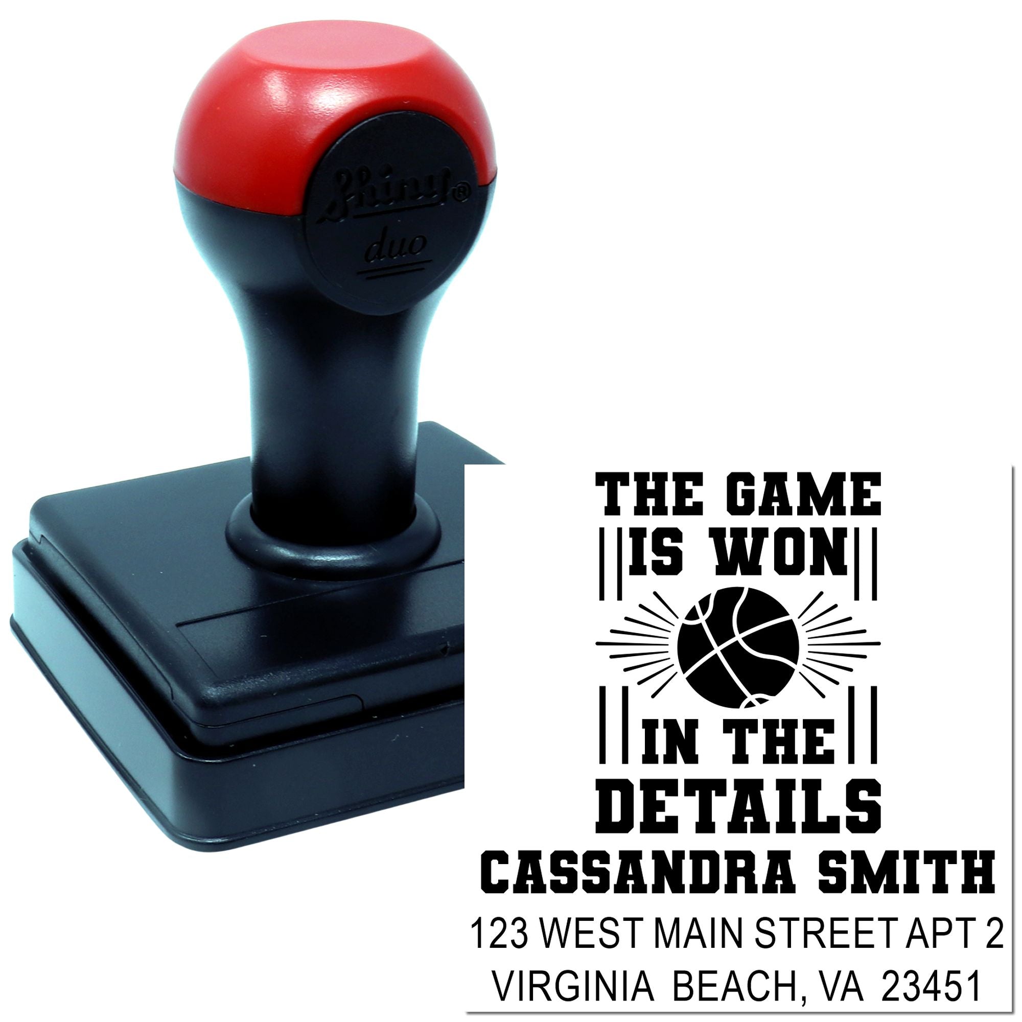 Basketball-themed custom self-inking rubber stamp for return addresses with personalized name and address imprint.