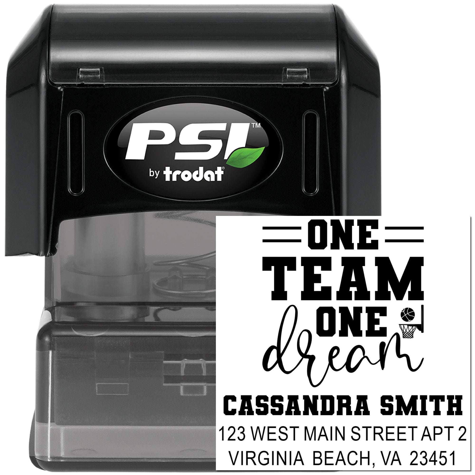 PSI by Trodat custom rubber stamp for personalized return address and team slogan impressions.