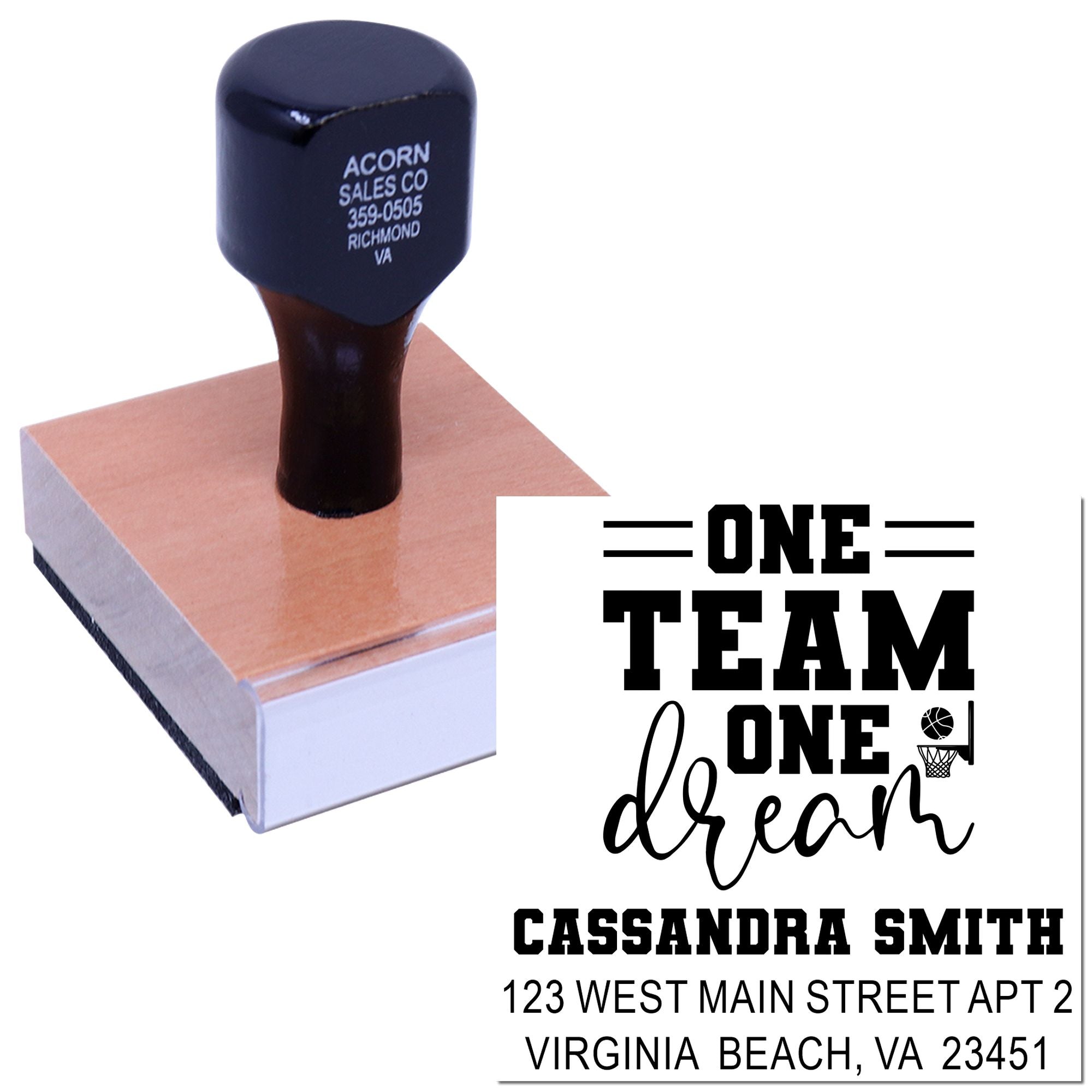 Custom rubber address stamp with One Team One Dream basketball design for personalized team branding.