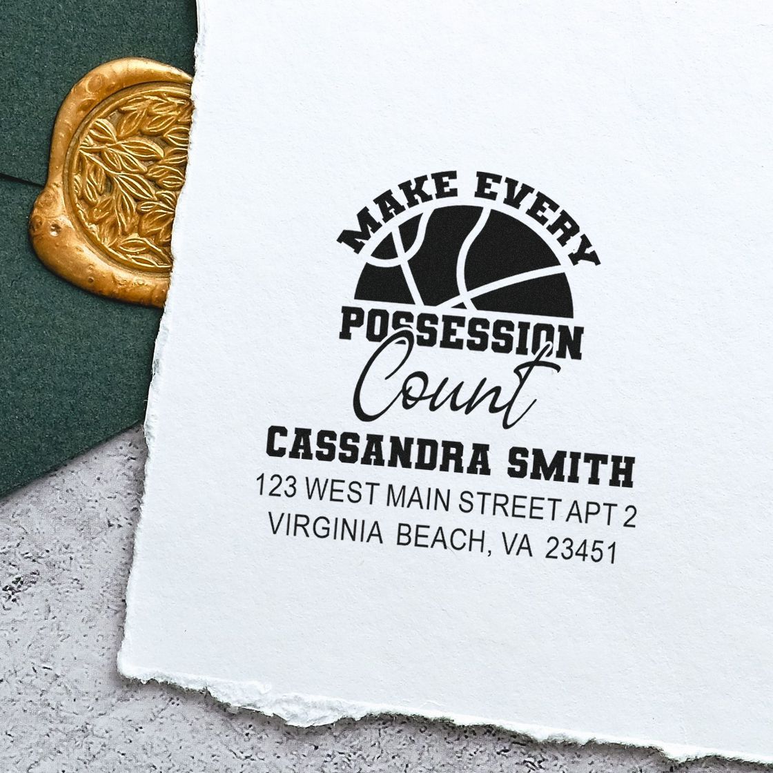 Custom basketball rubber stamp imprint with Make Every Possession Count slogan, name, and address for personalized mail.