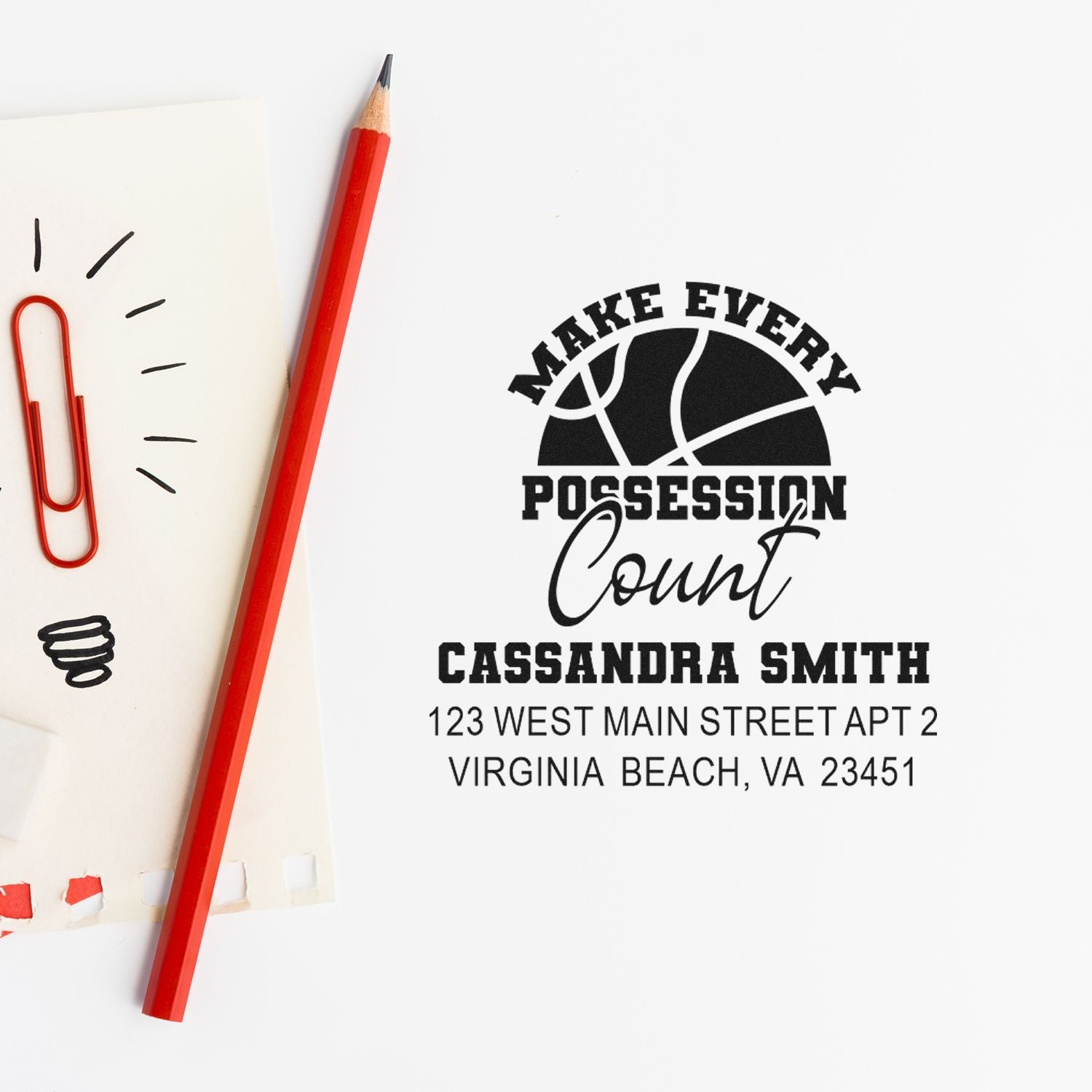 Personalized basketball return address rubber stamp with Make Every Possession Count slogan, name, and address.