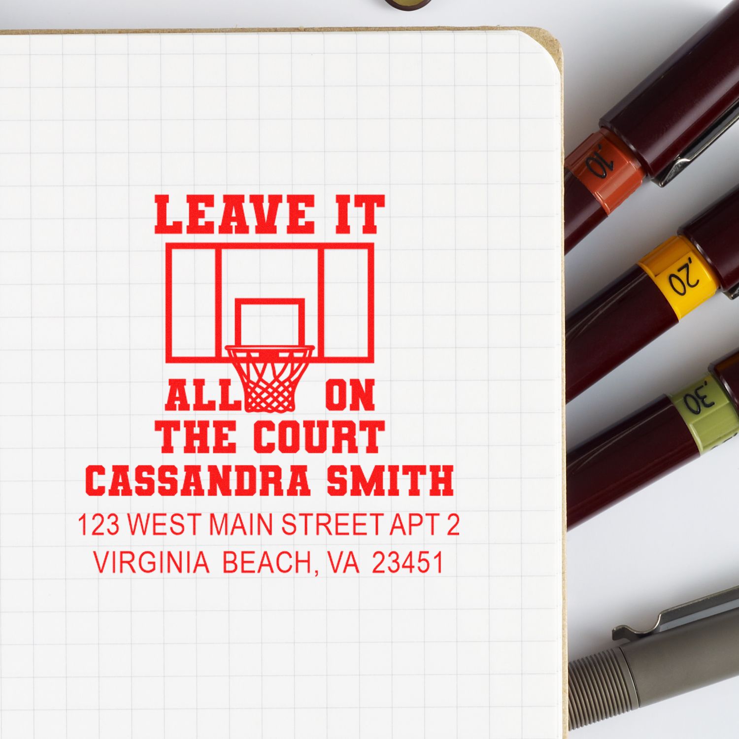 Custom basketball rubber stamp design with Leave It All on the Court text, name, and address for personalized use.