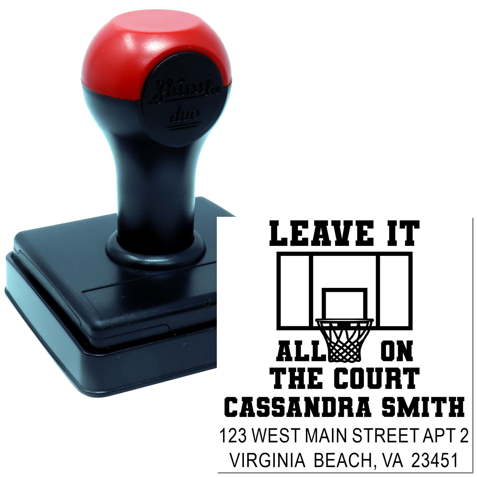 Custom self-inking rubber stamp for basketball gifts, featuring Leave It All on the Court and personalized name/address.