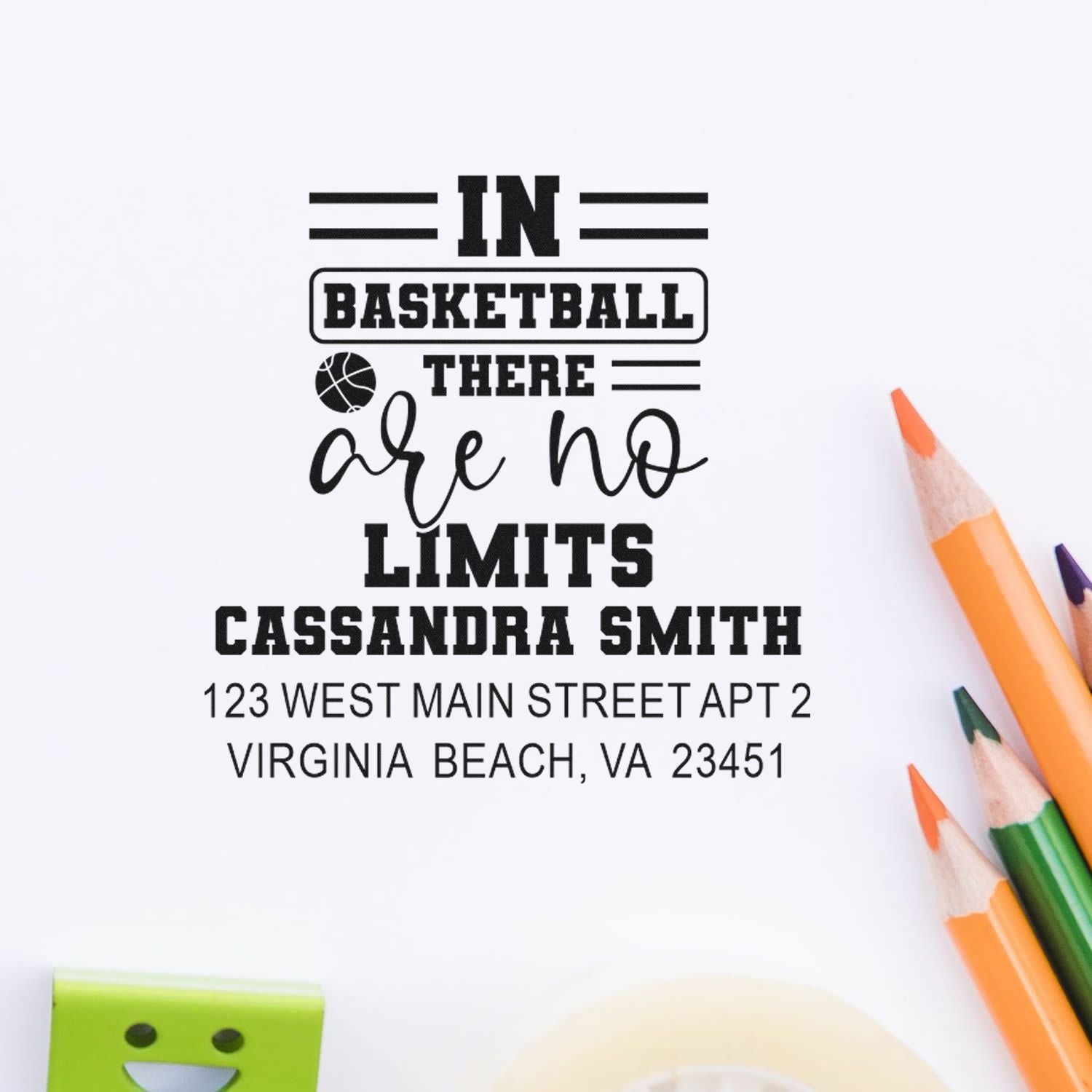 Custom basketball return address rubber stamp with In basketball there are no limits slogan, name, and Virginia Beach address.