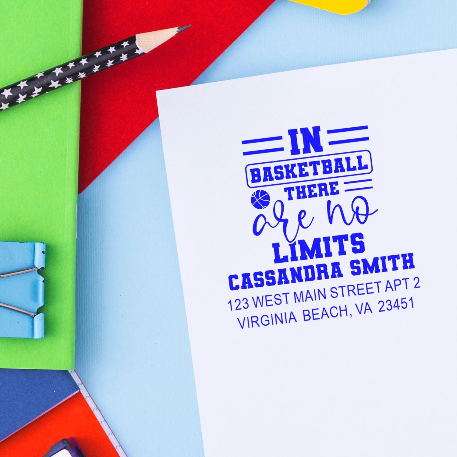Custom basketball return address rubber stamp with personalized name, address, and In Basketball There Are No Limits design.