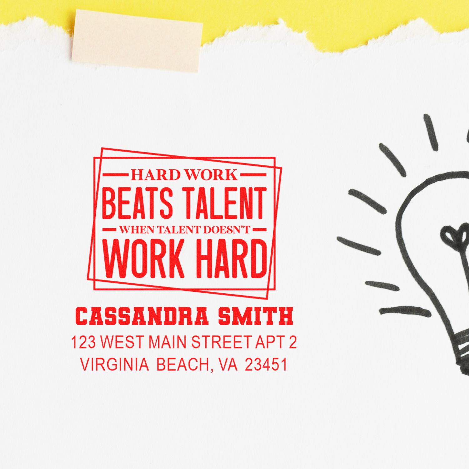 Custom rubber stamp design with motivational quote, name, and return address for Cassandra Smith, Virginia Beach, VA.