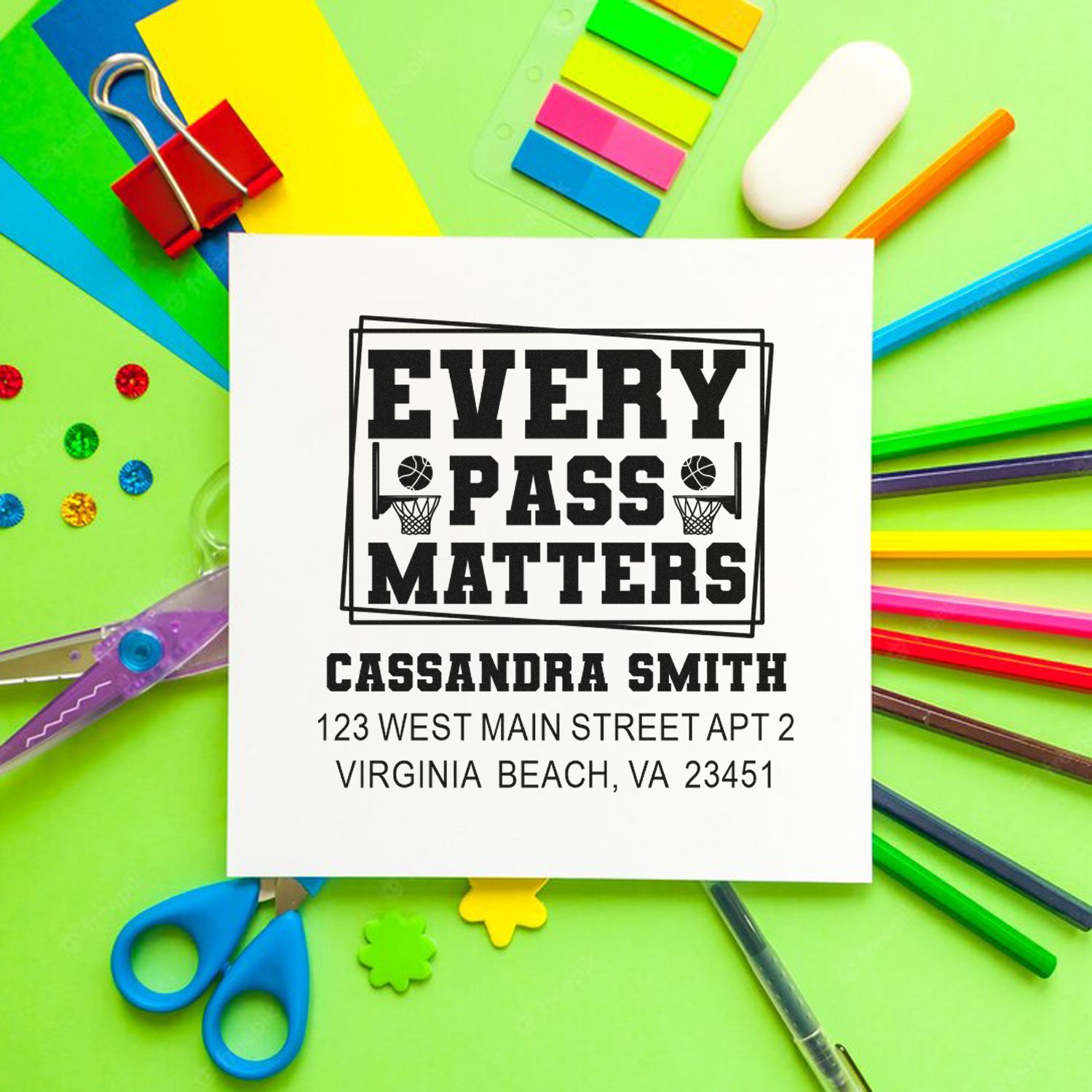 Custom basketball coach rubber stamp with Every Pass Matters design, name, and return address for personalized mail.