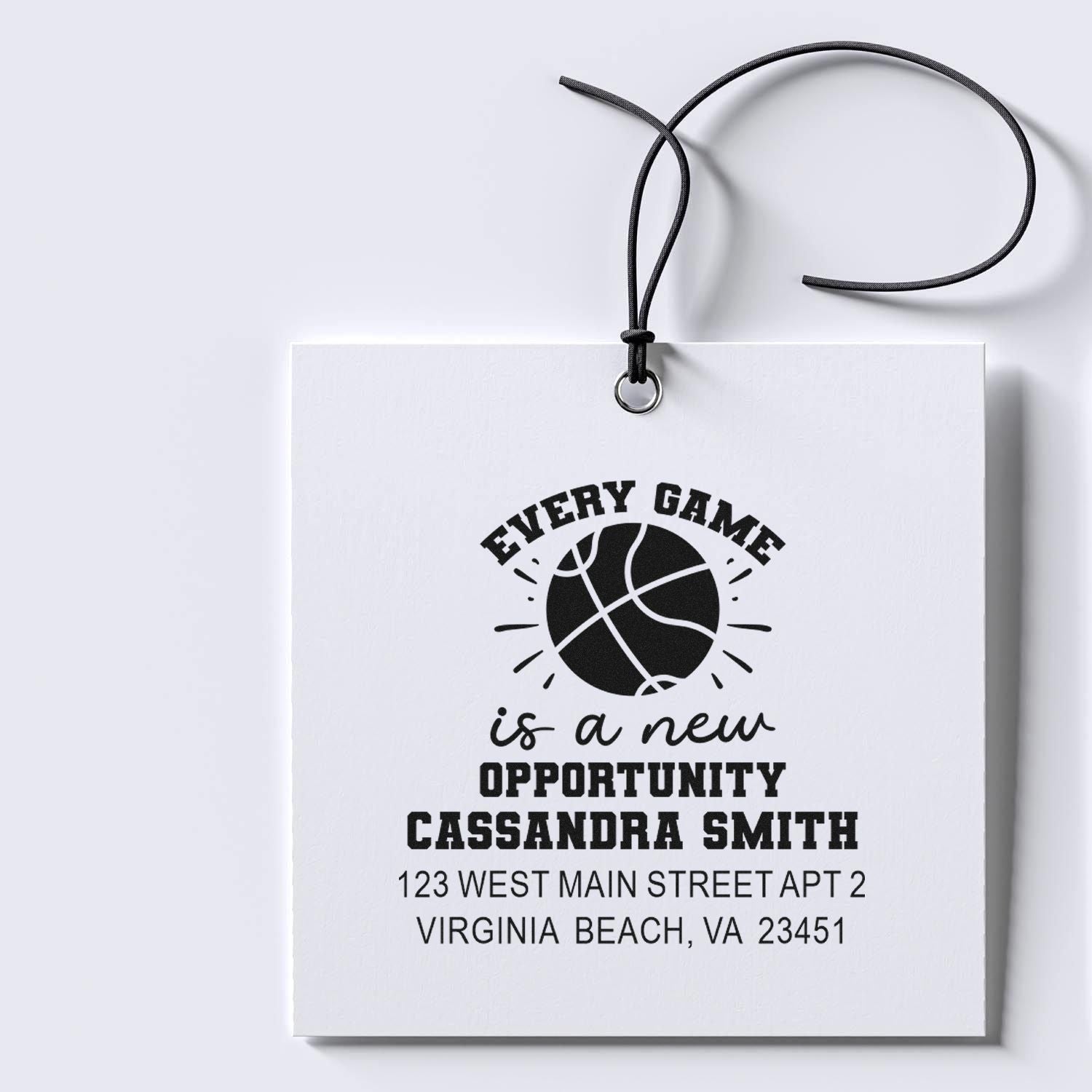 Custom basketball return address rubber stamp with motivational quote and Virginia Beach address for gift tags.