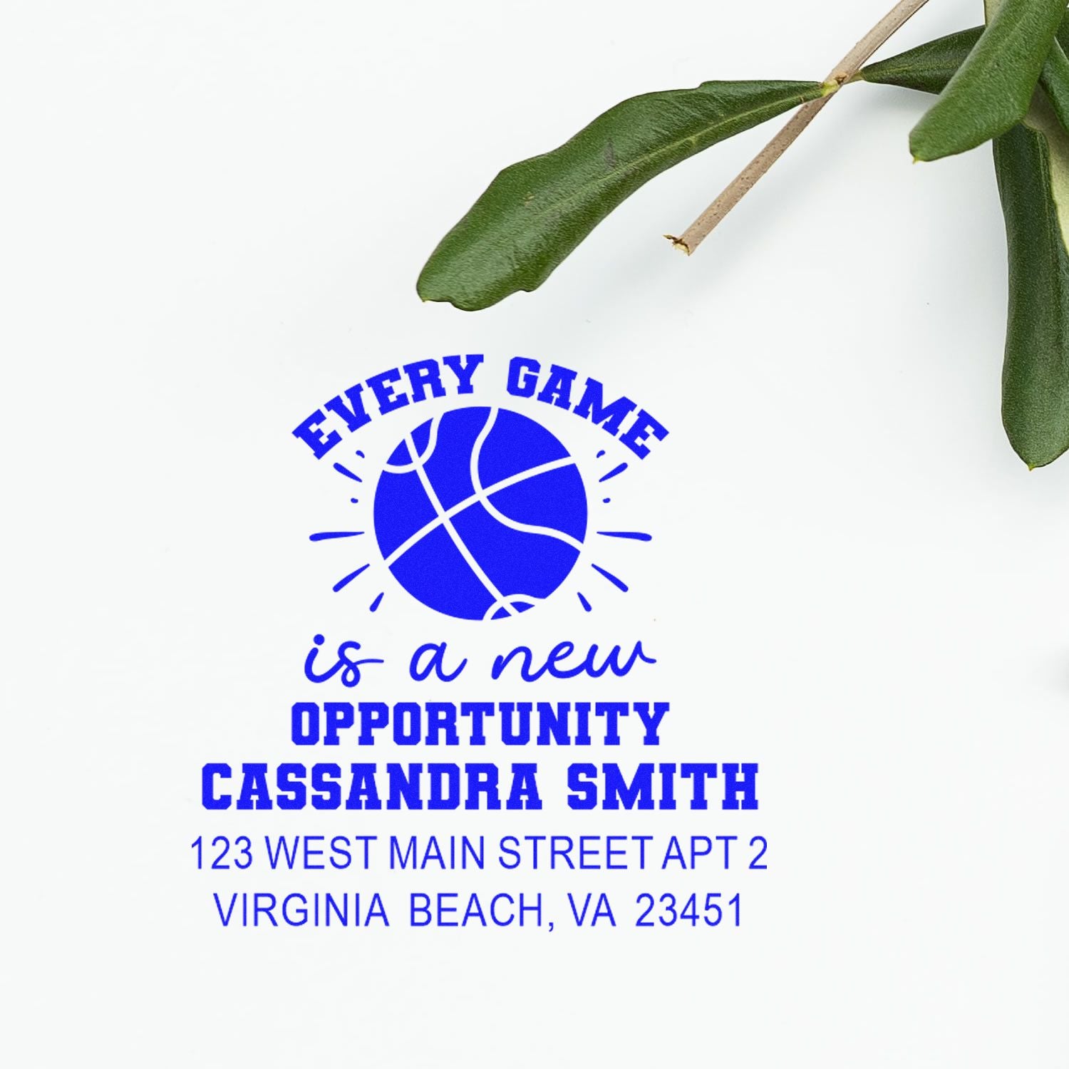 Custom basketball rubber stamp with Every Game Is a New Opportunity, name, and address for personalized branding.
