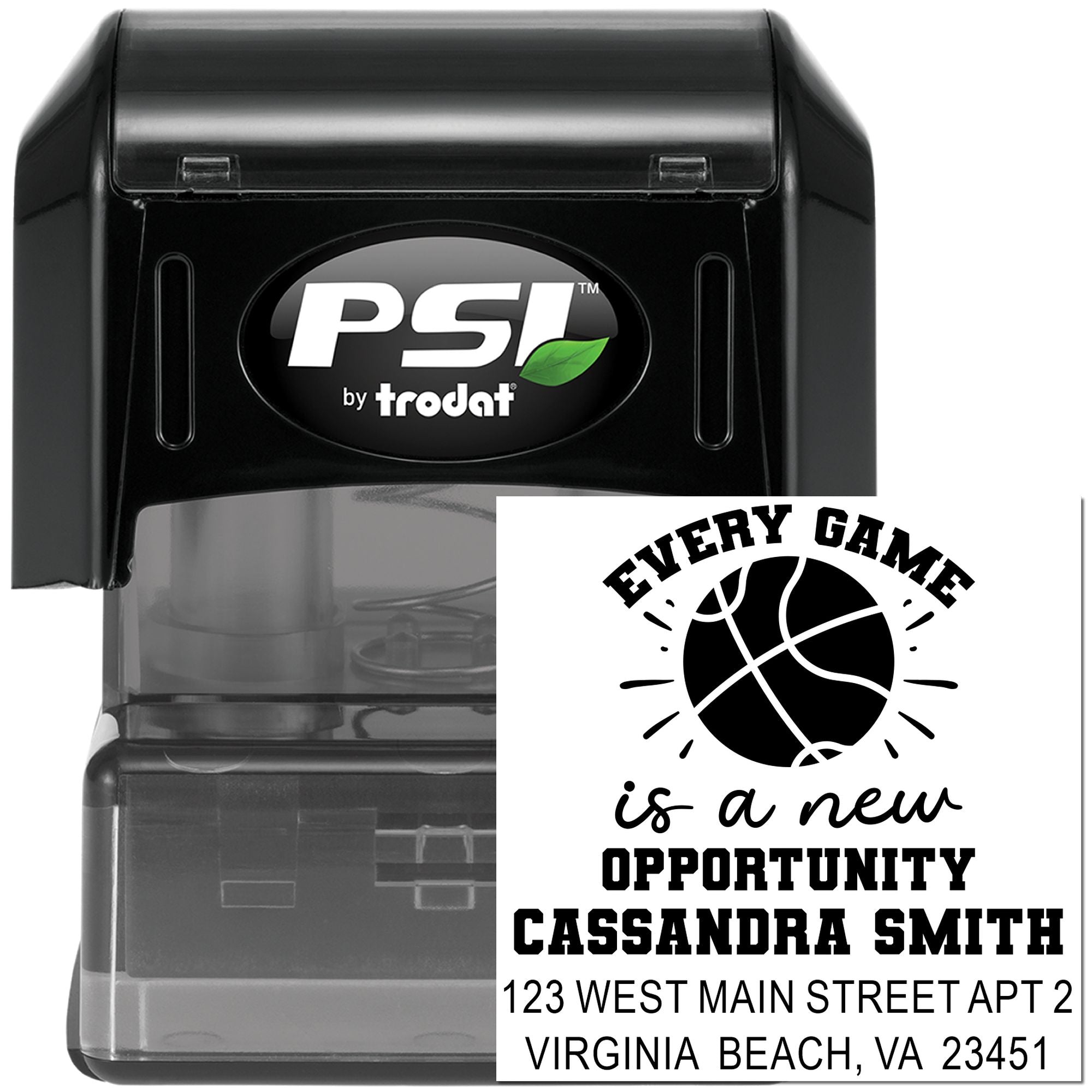 Custom self-inking rubber stamp by PSI Trodat with basketball design, name, and address for branding and mailings.