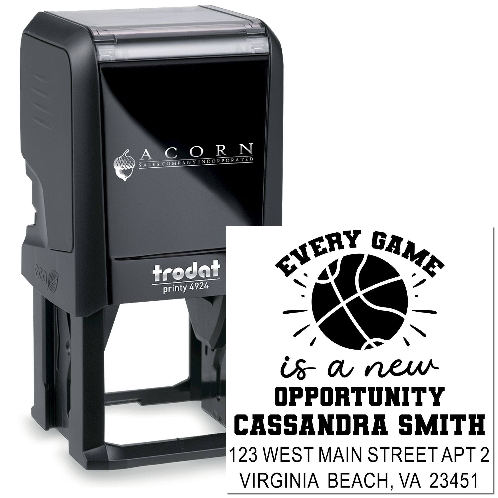 Custom basketball motivational self-inking rubber stamp with name and address for branding and promotions.