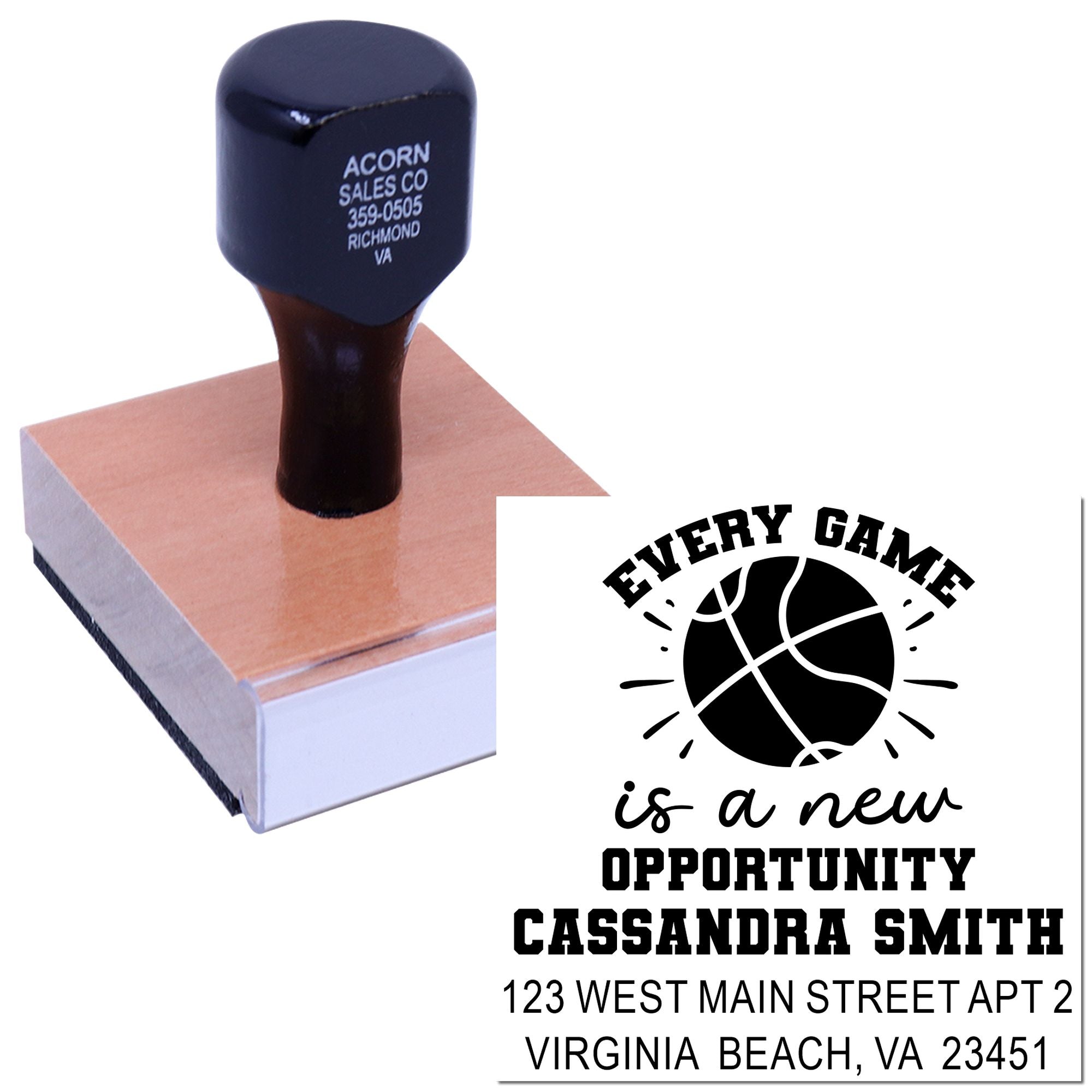Custom self-inking basketball rubber stamp with motivational quote and address imprint for team branding.