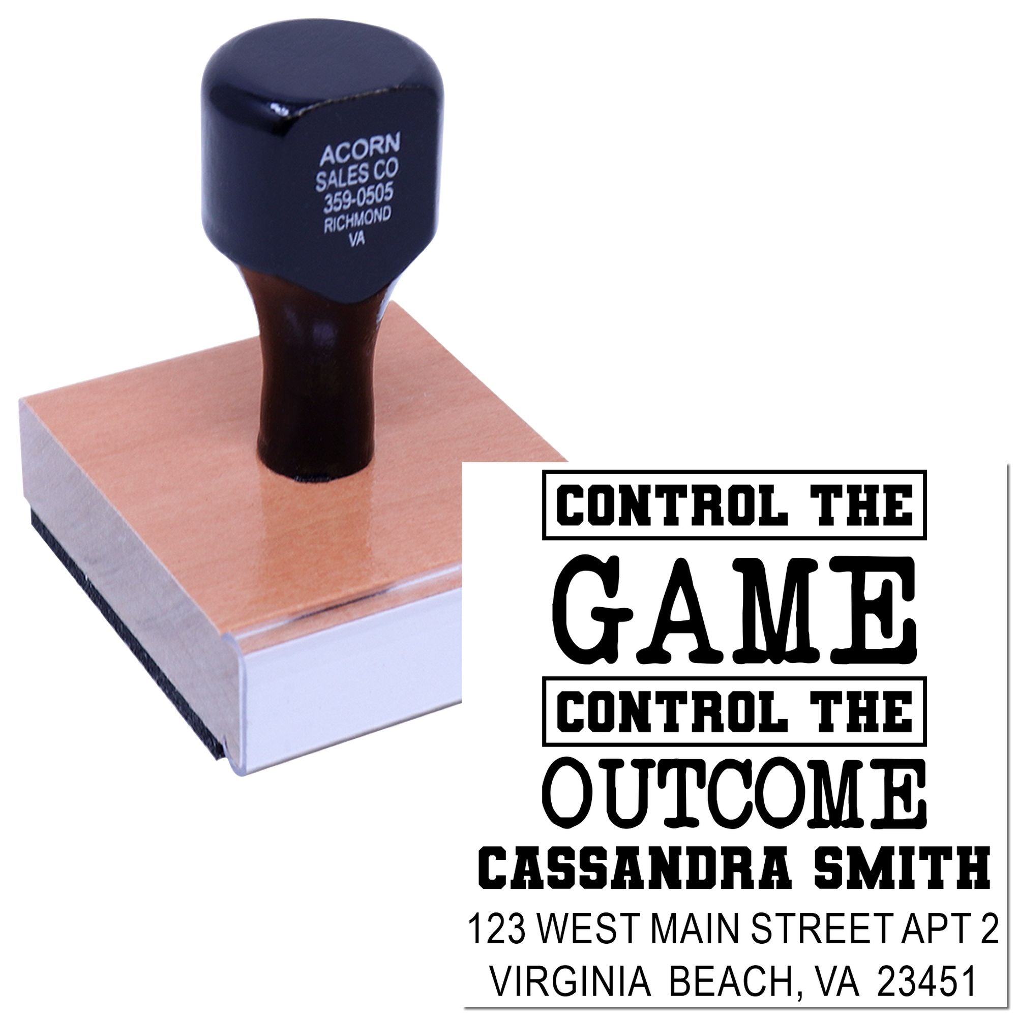 Custom rubber stamp with personalized name, address and slogan imprint for business branding and return-address use.