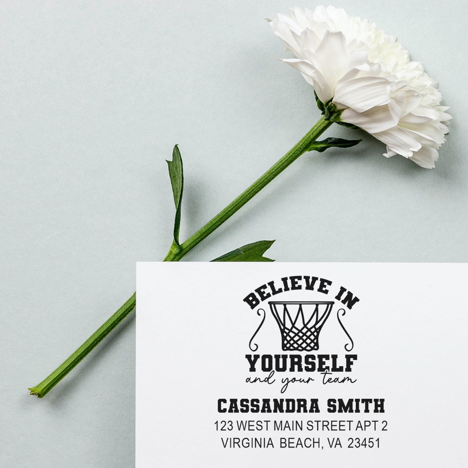 Personalized basketball address rubber stamp with Believe in yourself and your team design for custom mailing labels.