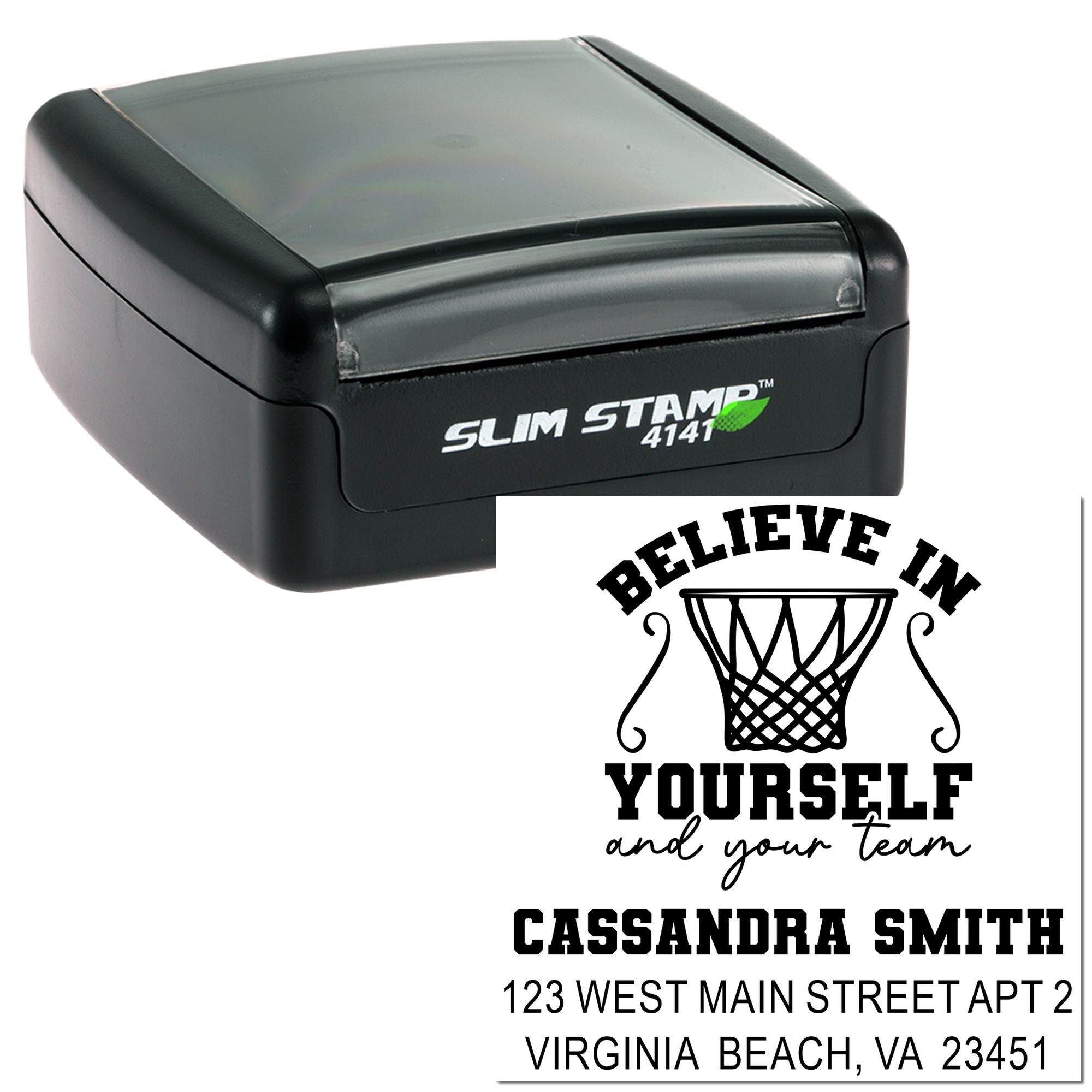 Custom self-inking rubber stamp with basketball team message, name, and address for personalized business or school use.