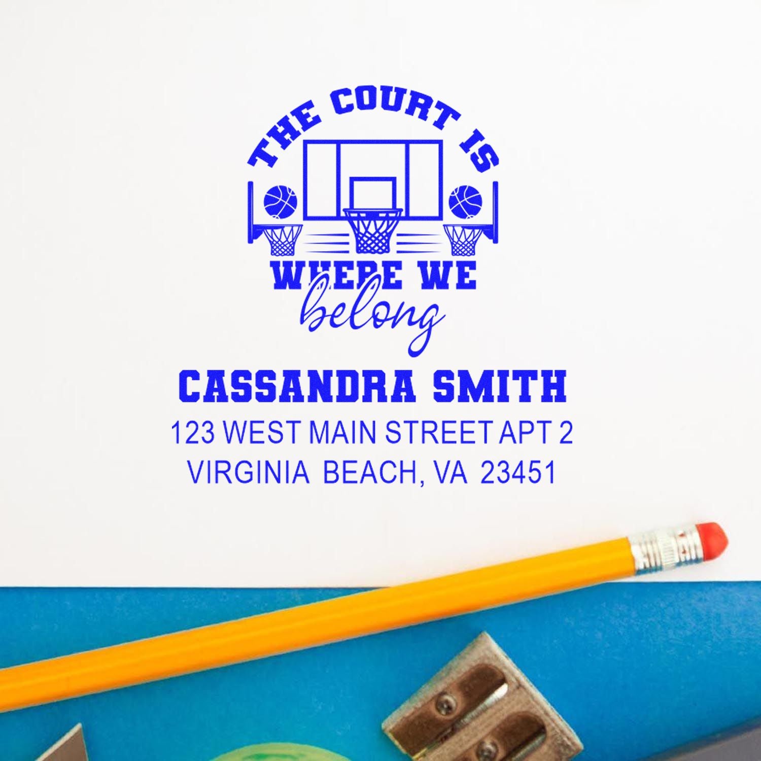 Personalized basketball address rubber stamp for Cassandra Smith in Virginia Beach, VA, with The Court Is Where We Belong design.