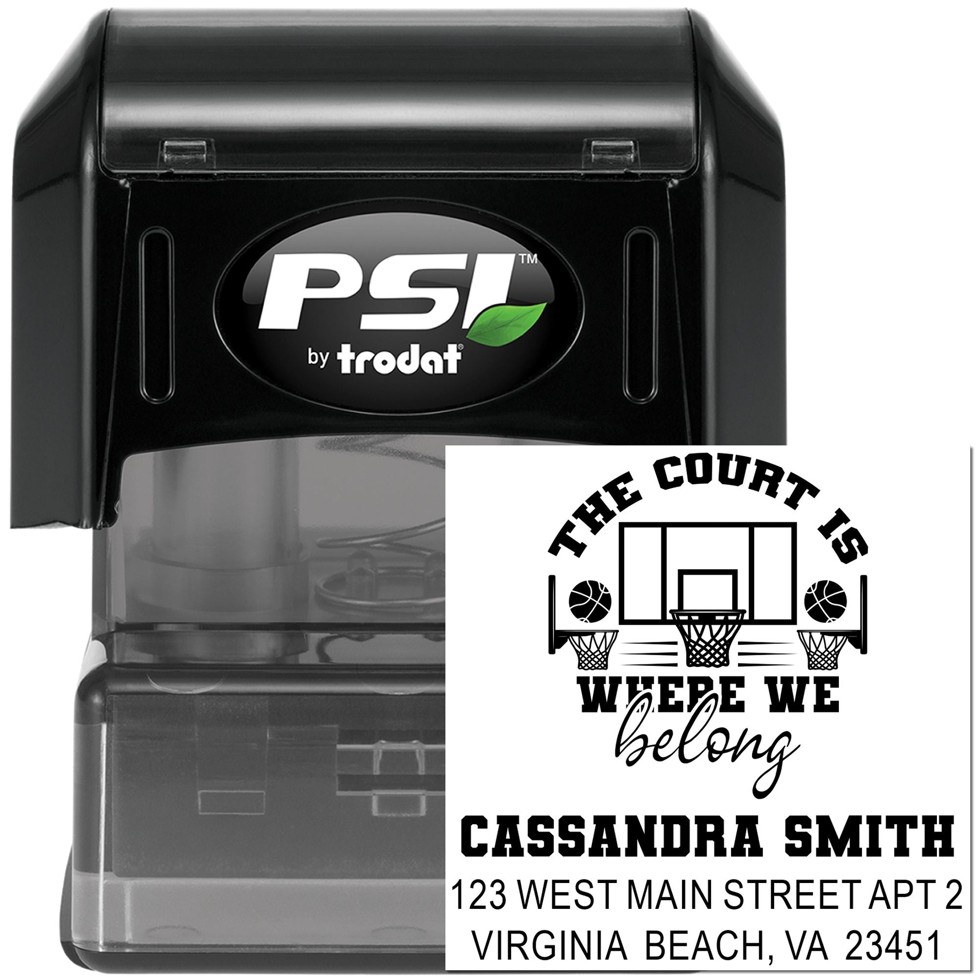 Custom basketball court return address rubber stamp with family name and Virginia Beach address, PSI by Trodat self-inking stamp.
