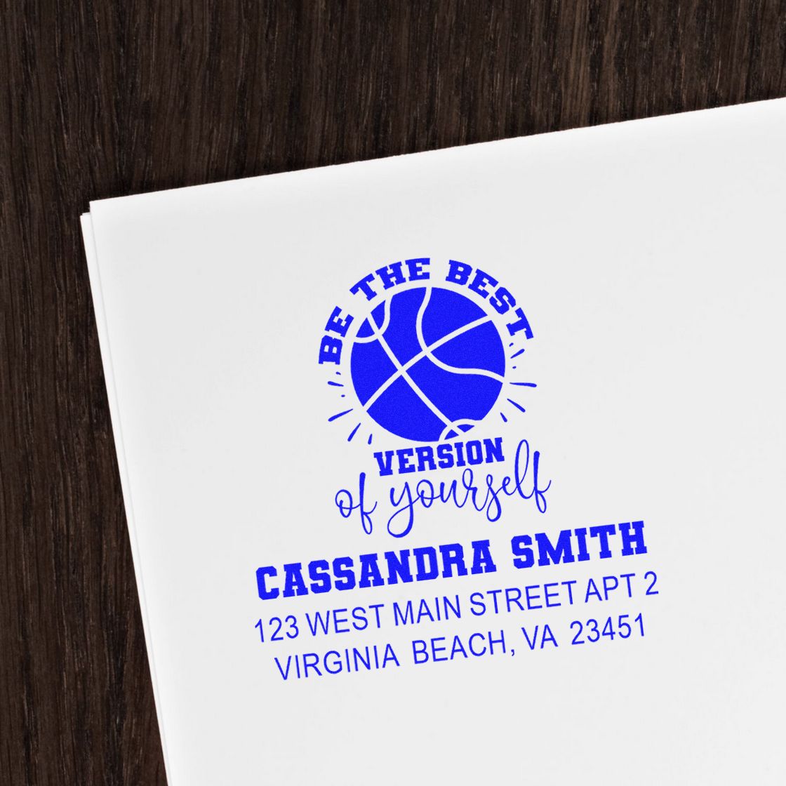 Custom basketball address stamp with motivational slogan, personalized name, and return address for envelopes.