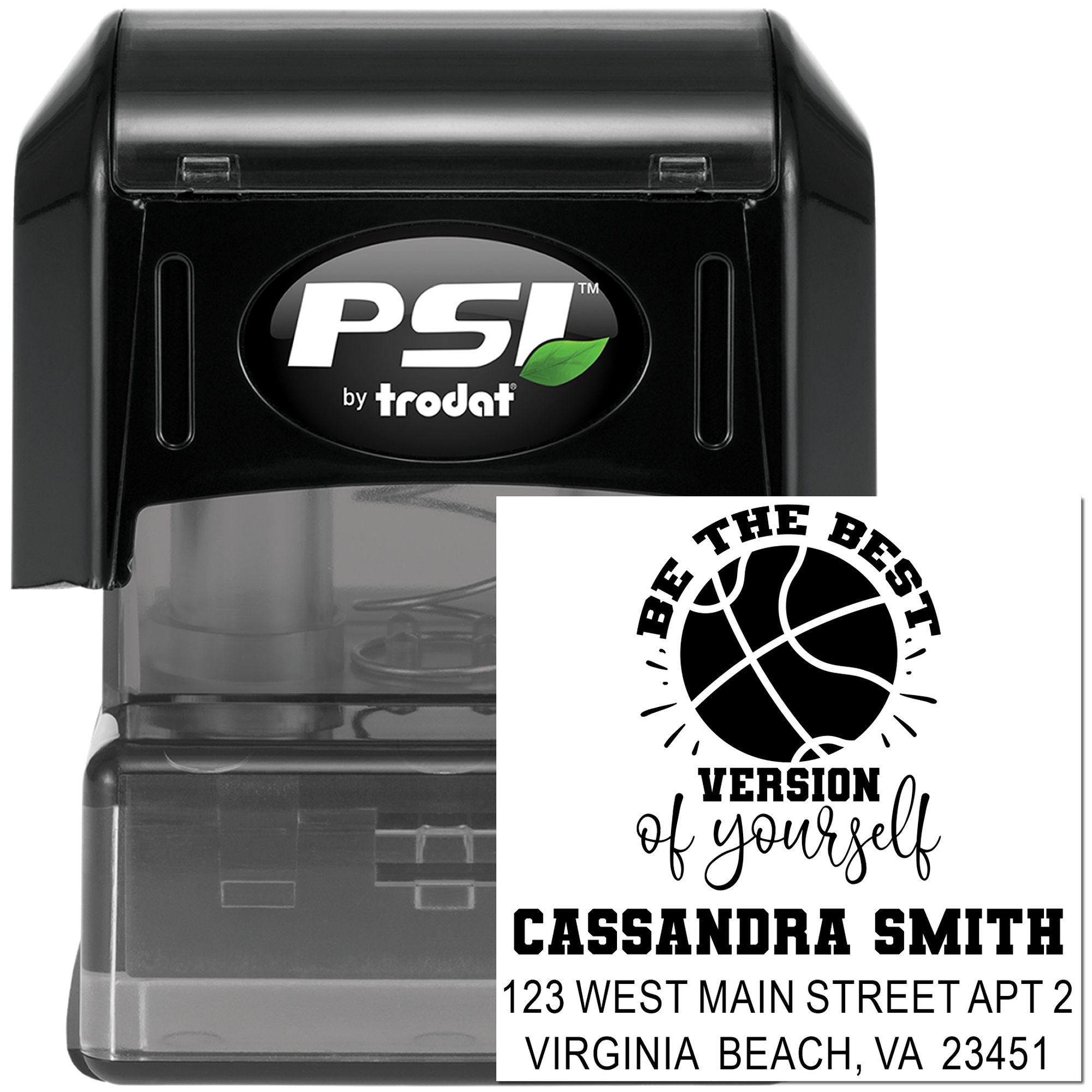 Personalized self-inking rubber stamp with basketball design, name, and address, PSI by Trodat custom stamp.