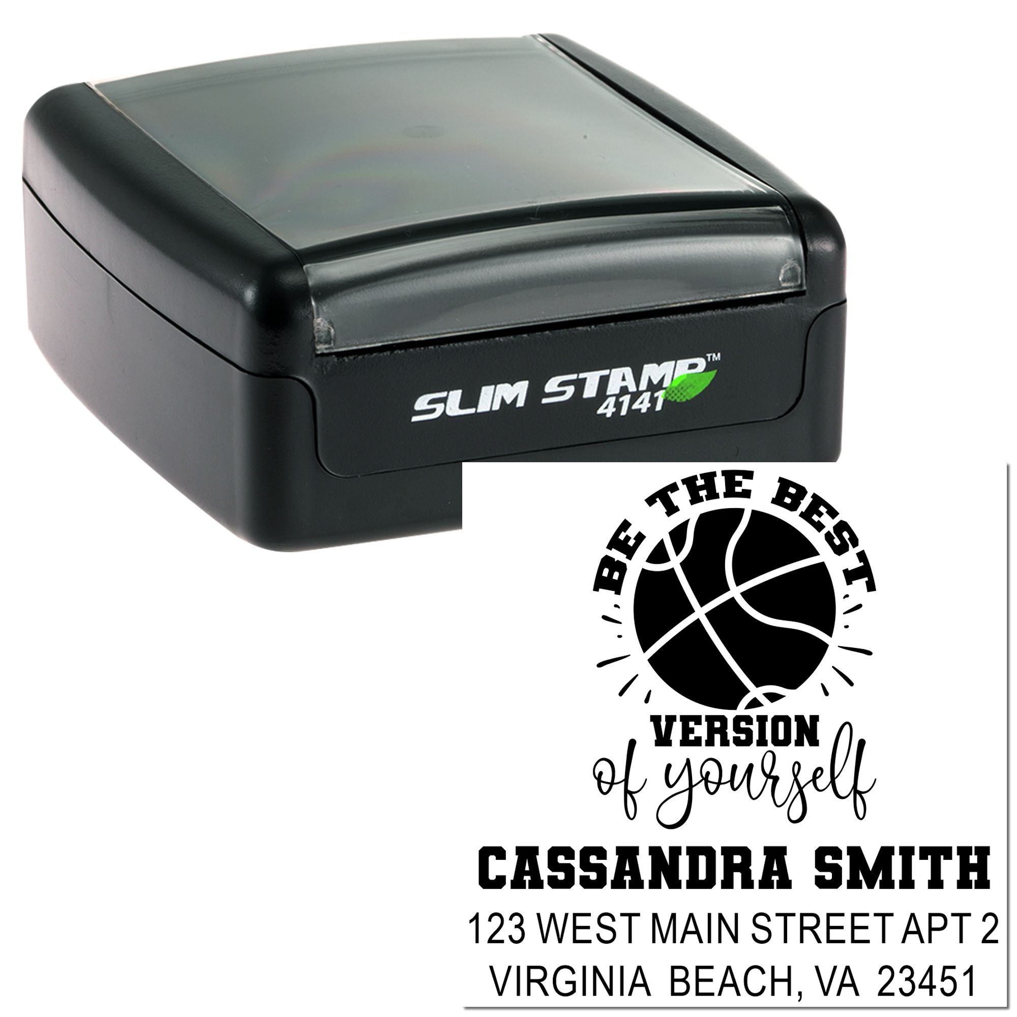 Custom self-inking rubber stamp with basketball logo, name, and return address for personalized sports-themed mailing.
