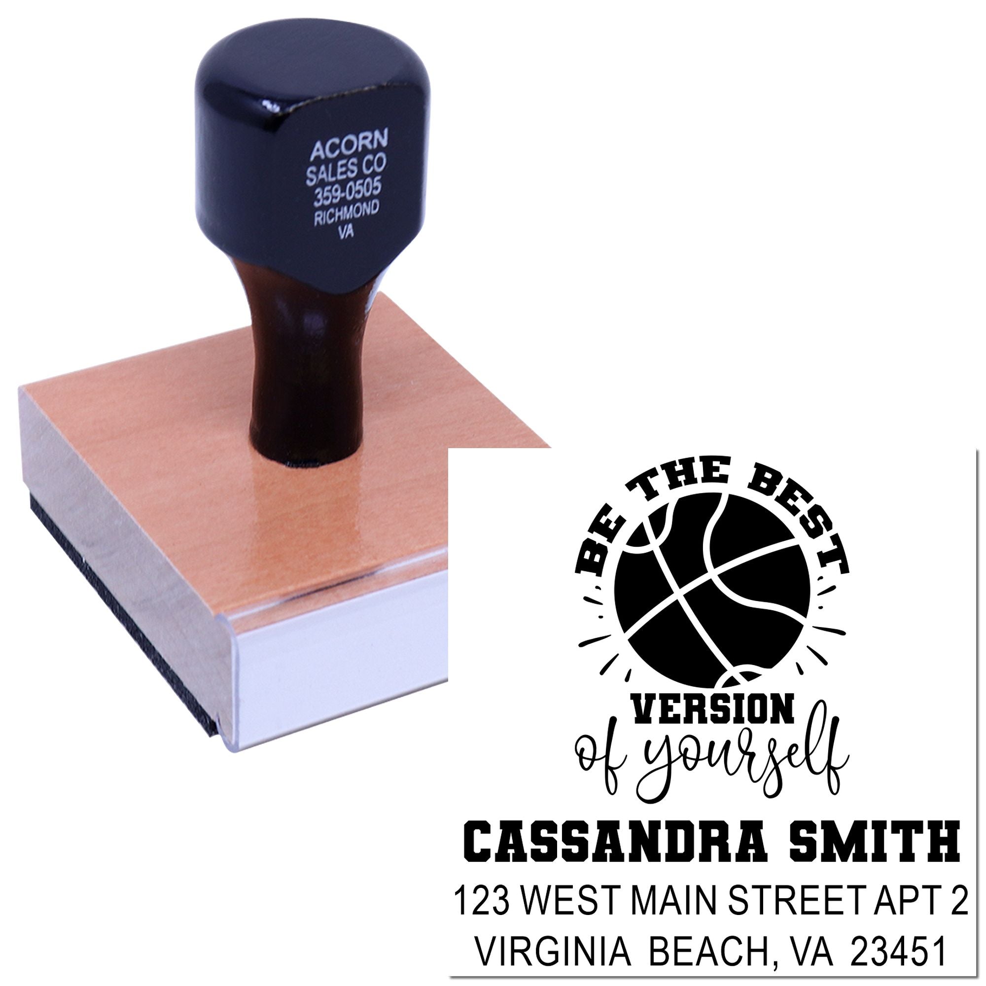 Custom self-inking rubber stamp with basketball design, name and return address, showing personalized stamp impression.
