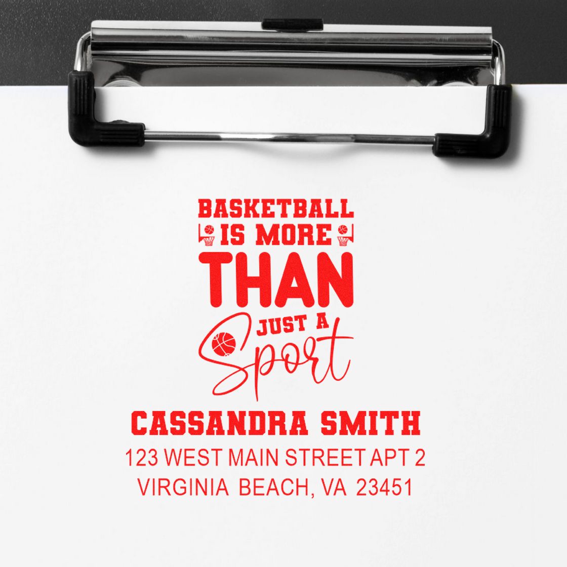 Custom basketball address rubber stamp for Cassandra Smith with sports quote and Virginia Beach, VA return address.