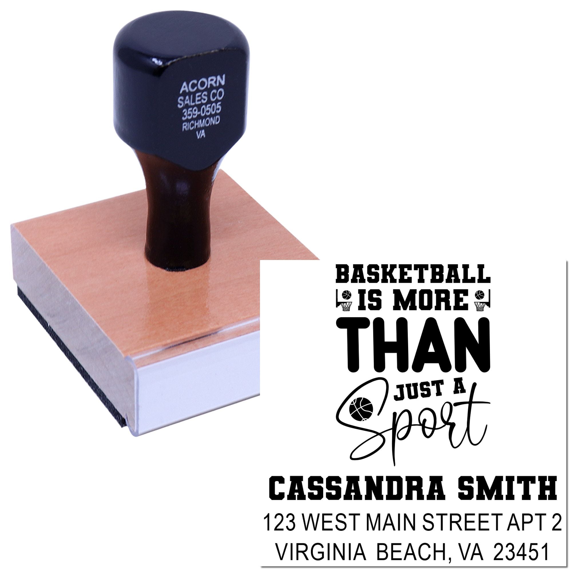Custom basketball address stamp with personalized name and slogan, Basketball Is More Than Just a Sport.