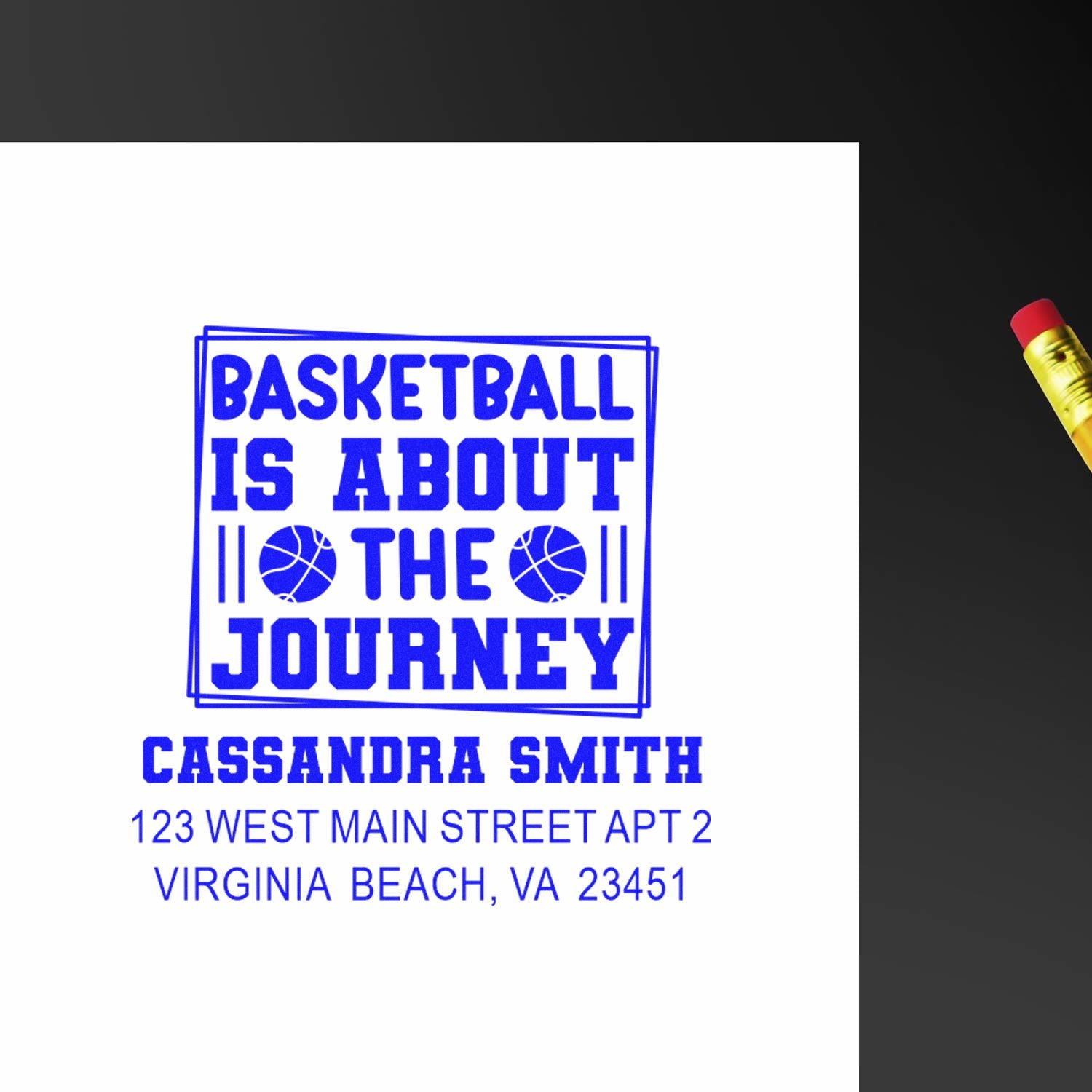Custom basketball rubber stamp with quote, name, and address for personalized sports stationery or gifts.