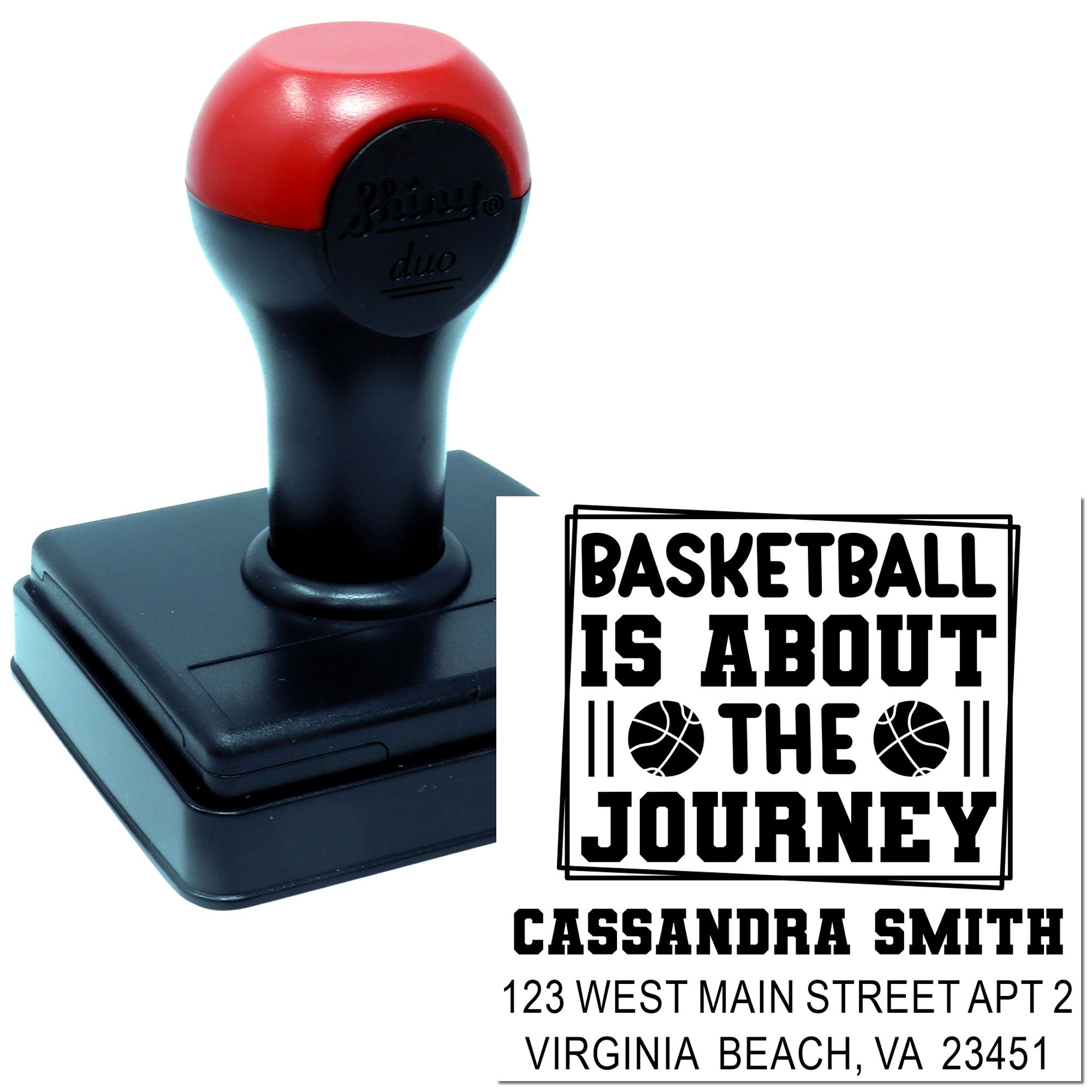 Personalized basketball rubber stamp with quote Basketball is about the journey and custom name and address stamp design.